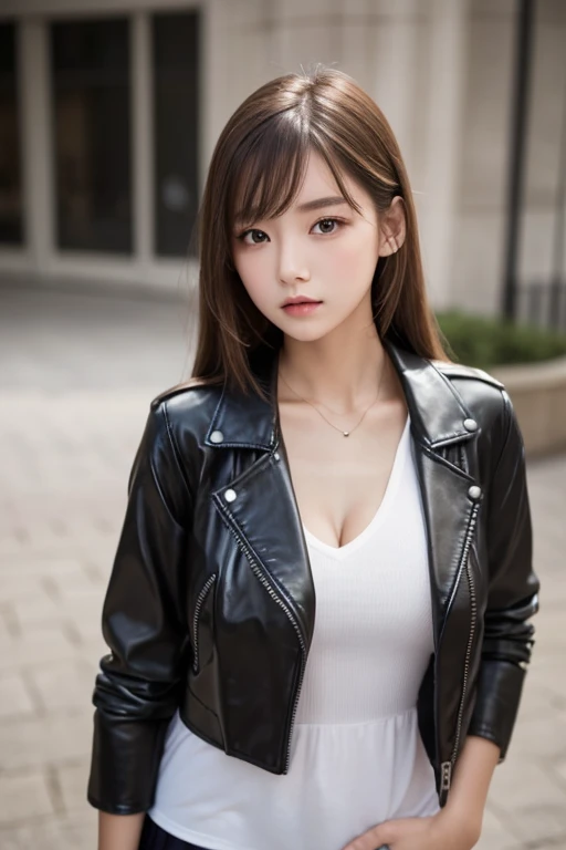 One woman、Korea person、Korean Beauty、leather jackets、corsets、a choker、Crotch chuck、intricate detailes、hightquality、(High class:1.4)、super realistic 8K、face perfect、Perfect、clean、​masterpiece、Professional artwork、famousartwork、face perfect、Beautiful expression、beautidful eyes、short dark hair、wetting hair、very Bigger breasts、clothes shiny、model poses、Ultra-realistic 4K、Top image quality、natural park background
