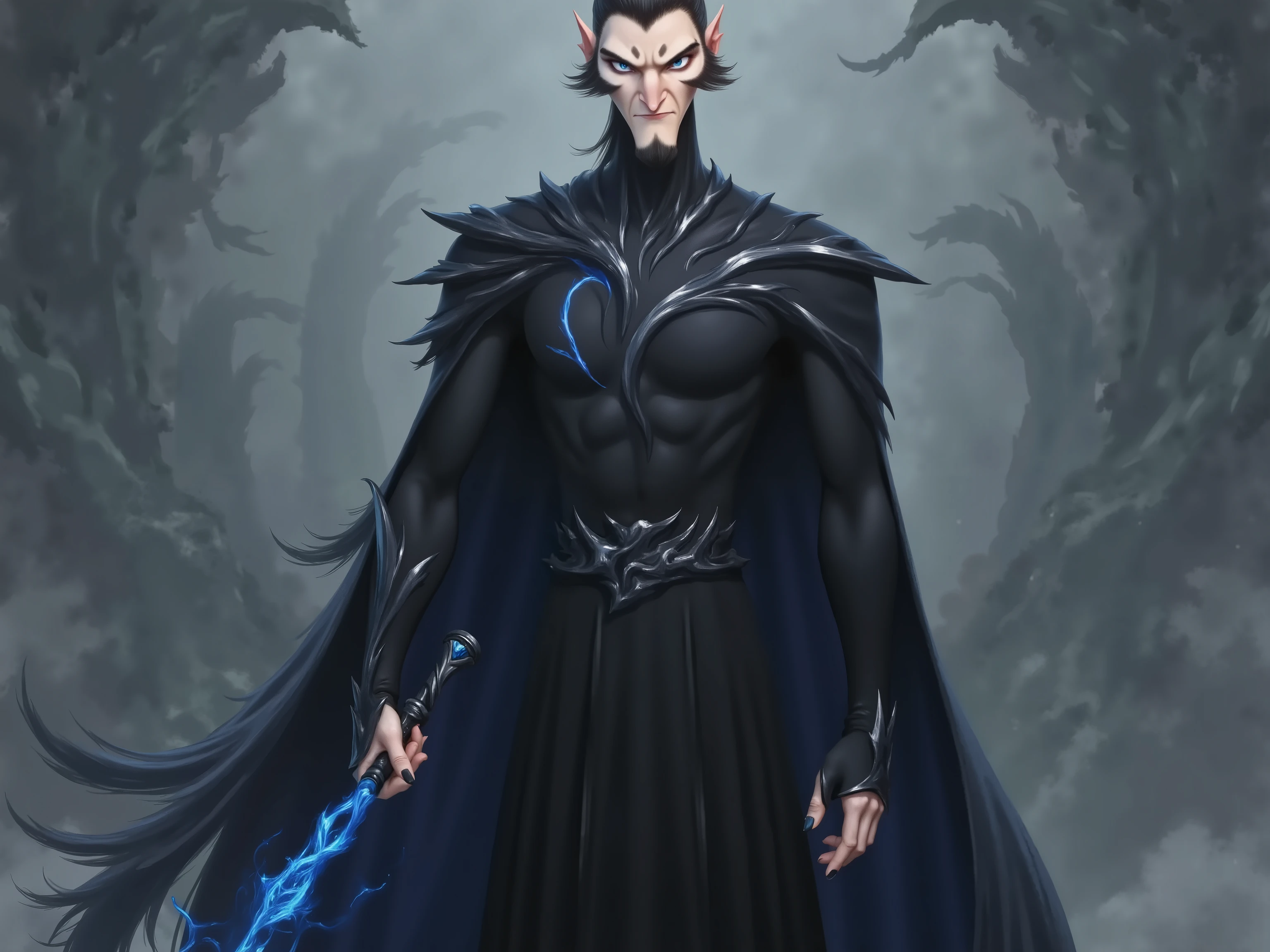 A painting of a man in a black and blue costume holding a bat, conceptual art inspired by Huang Shen , Popular on DeviantArt , Fantasy Art, portrait of a slim elf man , Black robed aristocrat male , lolth, Dark Elves, male vampire of the clan banu haqim , silver-skinned male elf , Beautiful male Daur , Handsome drow