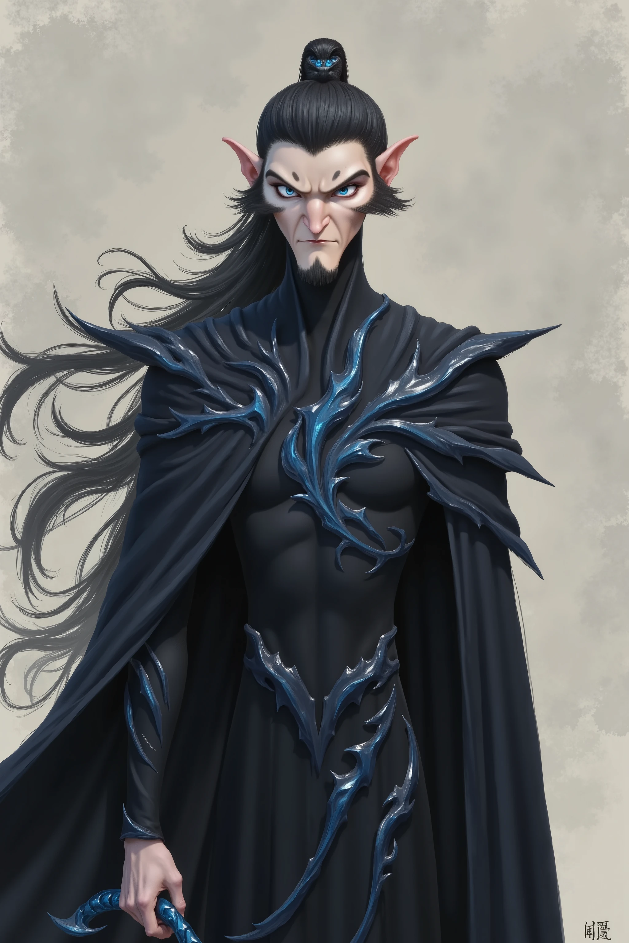 A painting of a man in a black and blue costume holding a bat, conceptual art inspired by Huang Shen , Popular on DeviantArt , Fantasy Art, portrait of a slim elf man , Black robed aristocrat male , lolth, Dark Elves, male vampire of the clan banu haqim , silver-skinned male elf , Beautiful male Daur , Handsome drow