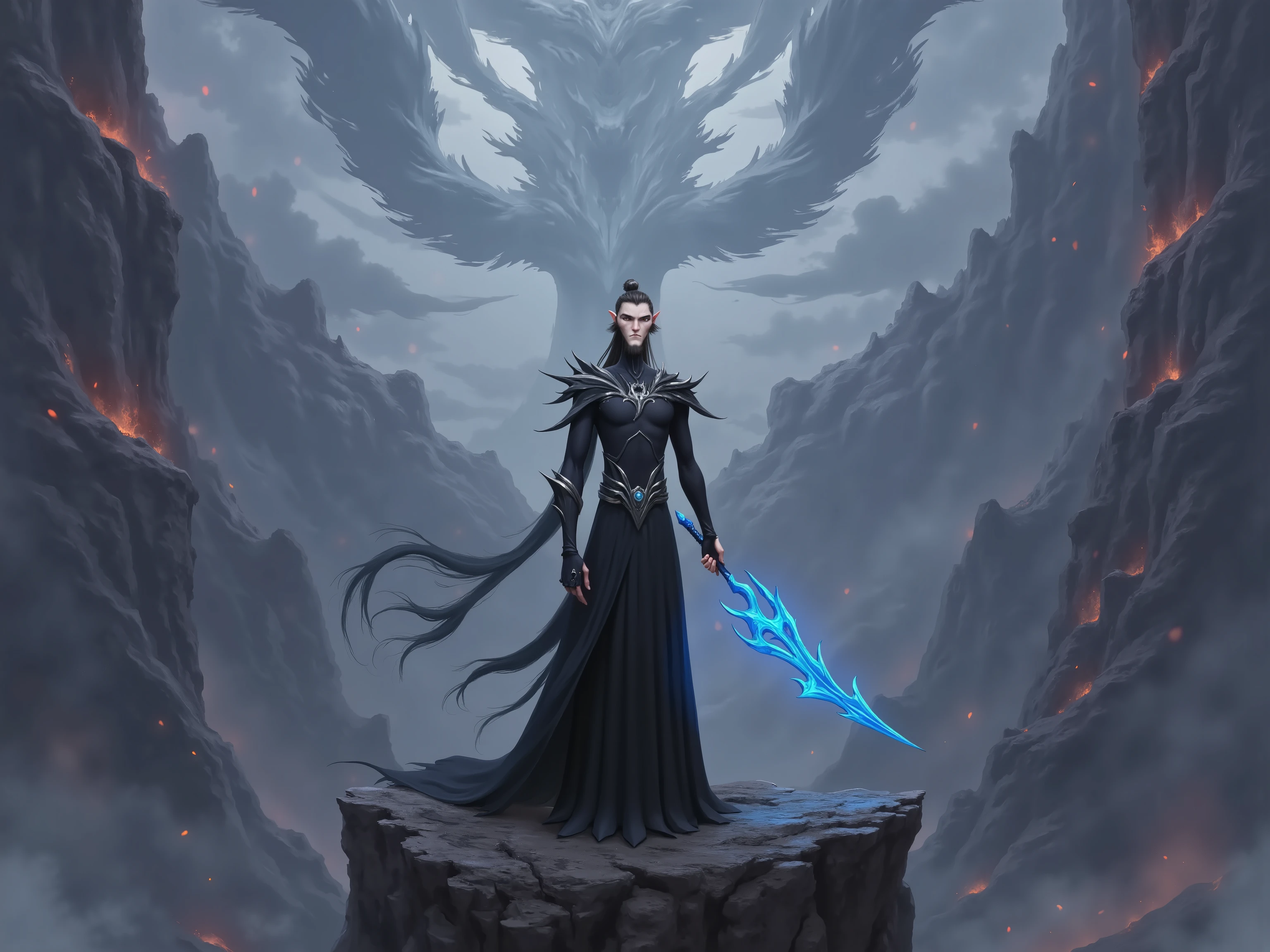 ( masterpiece, highest quality:1.2), Game anime characters, alone,beard, Black Robe ,slim。Holding a blue sword in his hand。flame,cliff,Ominous clouds,Grand scene,Large game scene