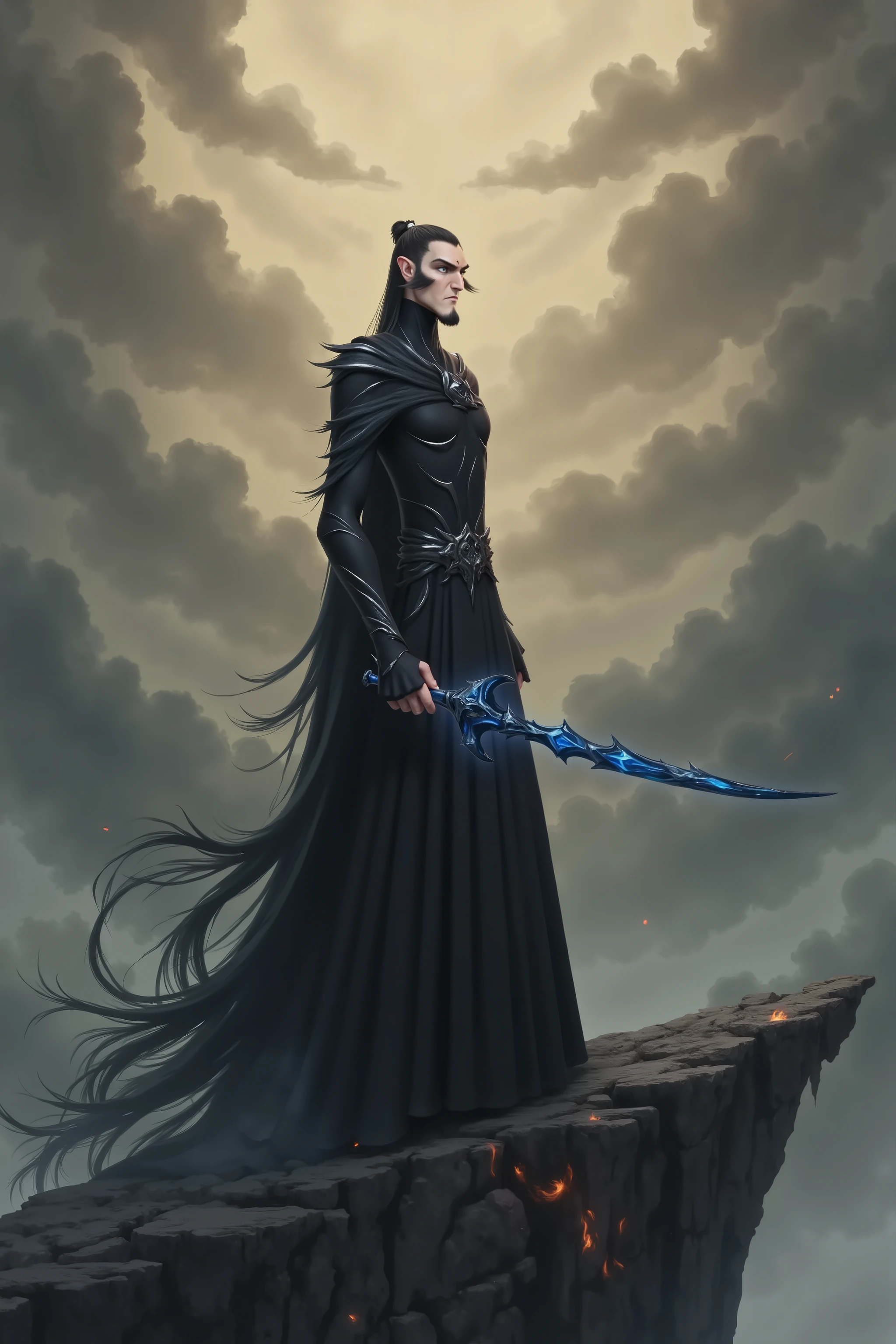 ( masterpiece, highest quality:1.2), Game anime characters, alone,beard, Black Robe ,slim。Holding a blue sword in his hand。flame,cliff,Ominous clouds。Grand scene