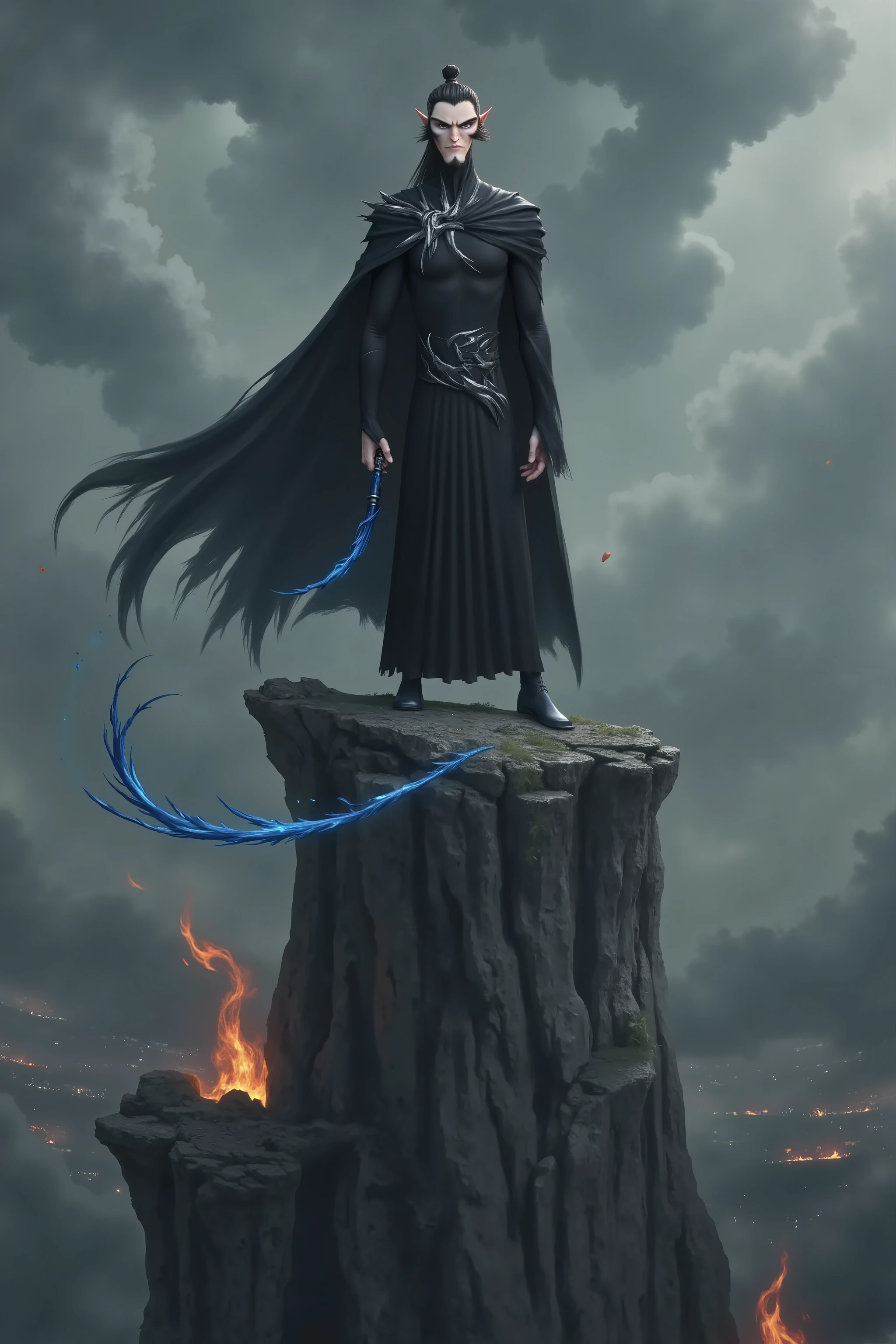( masterpiece, highest quality:1.2), Game anime characters, alone,beard, Black Robe ,slim。Holding a blue sword in his hand。flame,cliff,Ominous clouds。Grand scene