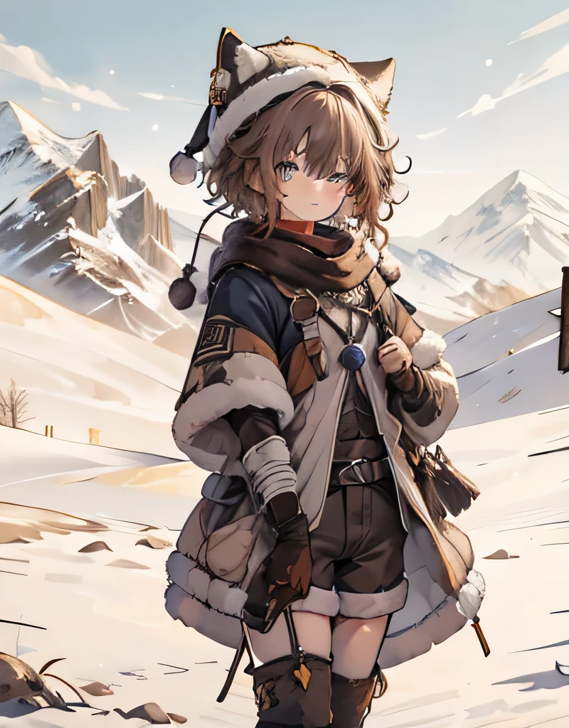 masterpiece, 1 boy, sparrow, a brown haired boy, wearing a eskimo clothes, curly short hair, messy hair, slim body, he close her left eye, shirt ornament, ruby eyes, ahoge, , long sleeves, beautiful eyes, white stocking, droopy eyes, her age is 19 years old, lynx landau, seductive face, short hair, innocent smile, curly hair, tight shorts, furry winter hat, snow field, MongolPunkAI, furry stocking,