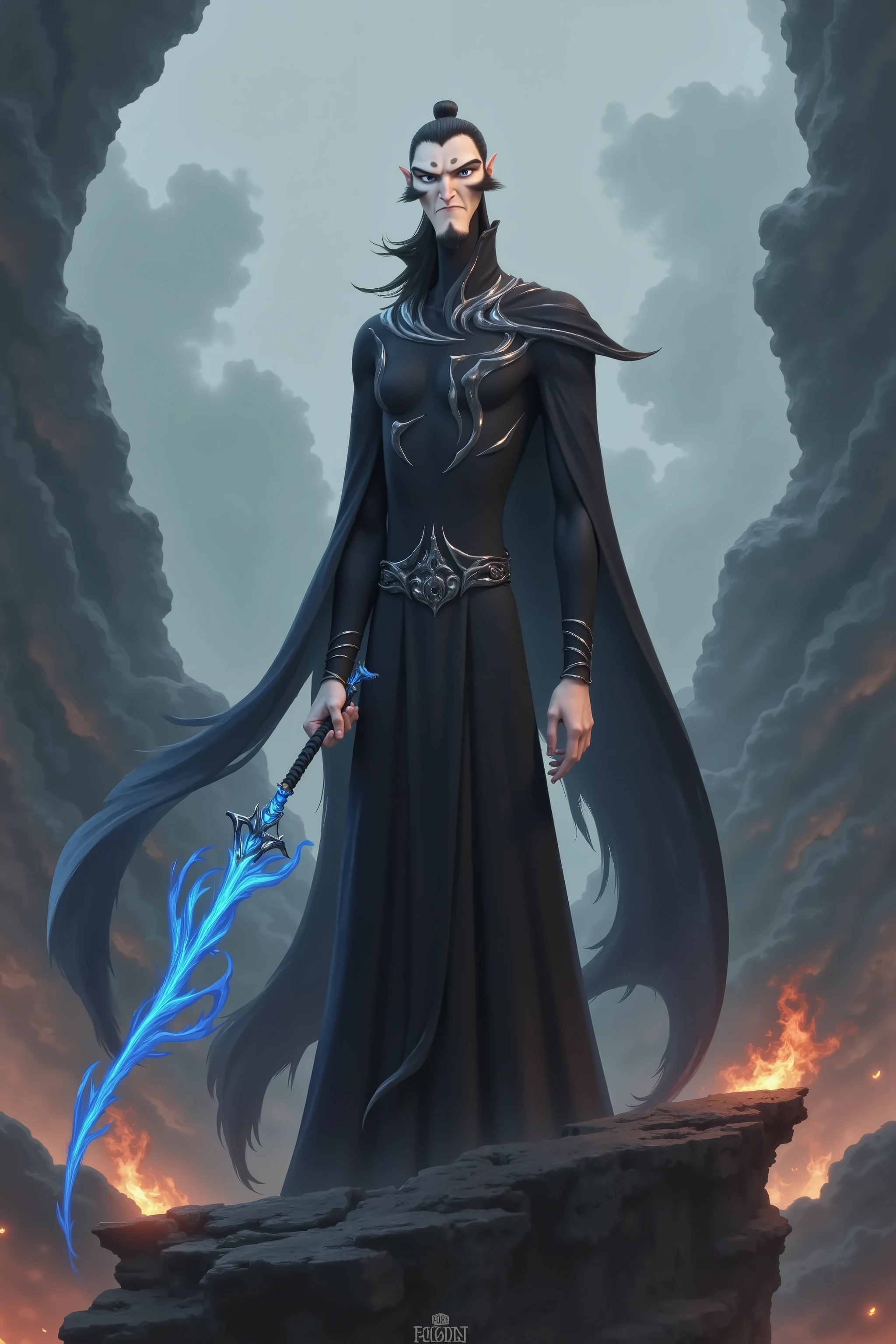 ( masterpiece, highest quality:1.2), Game anime characters, alone,beard, Black Robe ,slim。Holding a blue sword in his hand。flame,cliff,Ominous clouds
