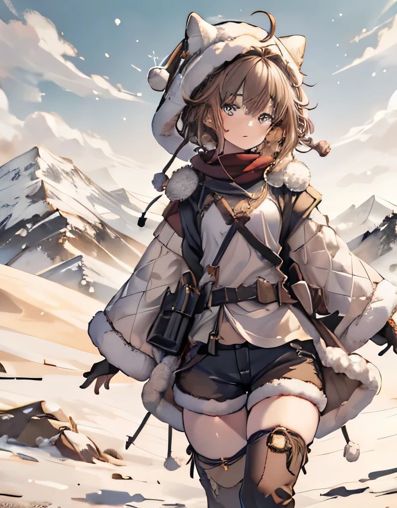 masterpiece, 1 girl, sparrow, a brown haired boy, wearing a eskimo clothes, curly short hair, messy hair, slim body, he close her left eye, shirt ornament, ruby eyes, ahoge, , long sleeves, beautiful eyes, white stocking, droopy eyes, her age is 19 years old, lynx landau, seductive face, short hair, innocent smile, curly hair, tight shorts, furry winter hat, snow field, MongolPunkAI, furry stocking, 