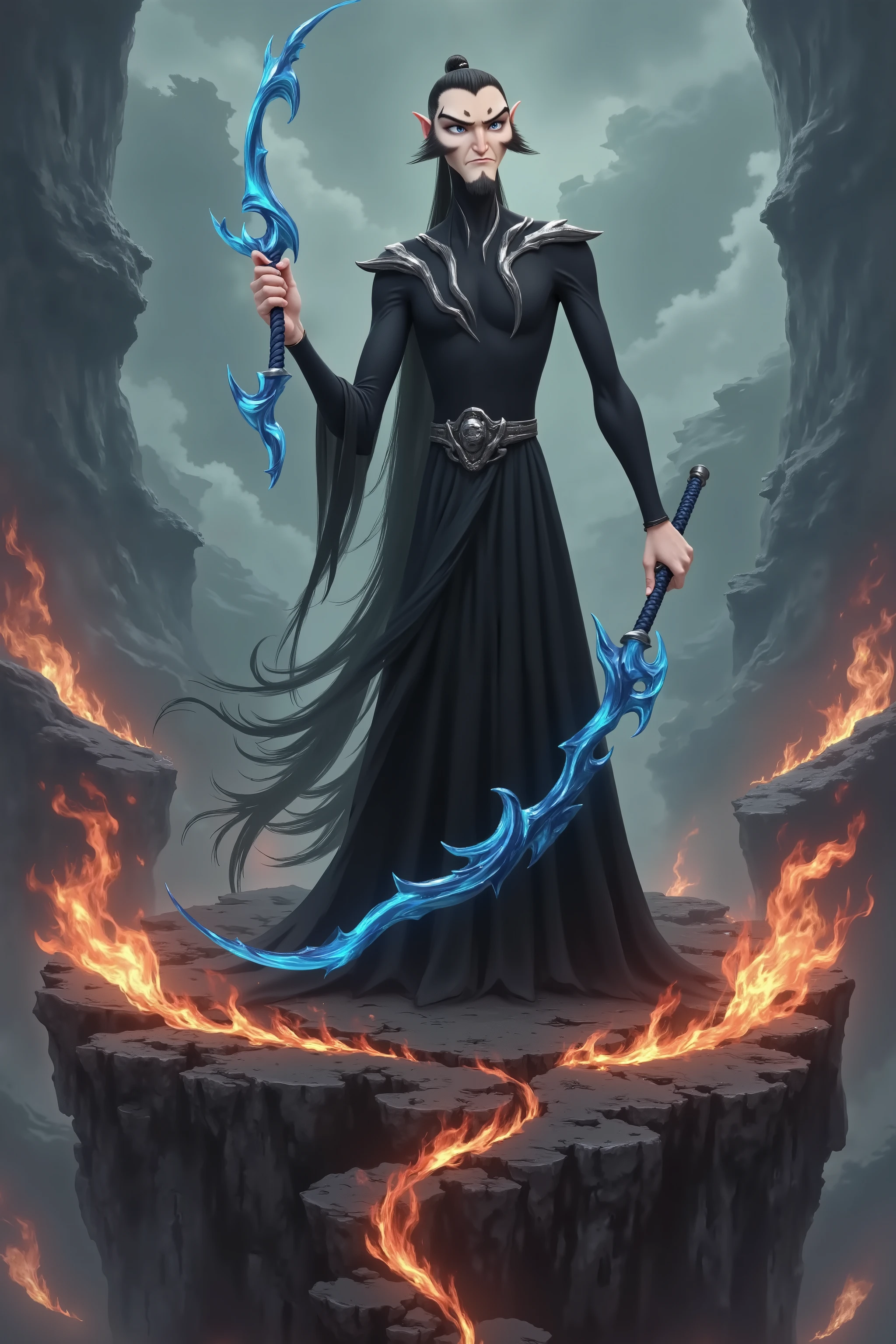 ( masterpiece, highest quality:1.2), Game anime characters, alone,beard, Black Robe ,slim。Holding a blue sword in his hand。flame,cliff,Ominous clouds