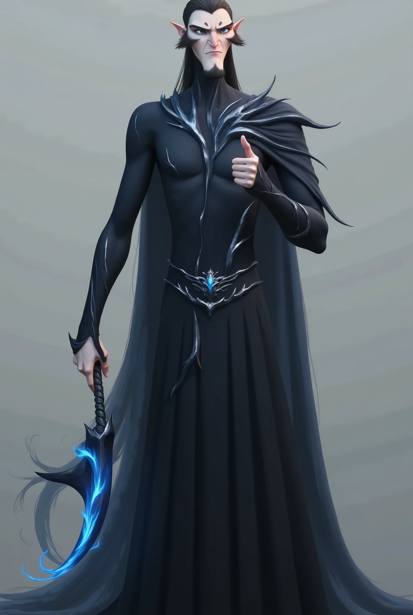 A painting of a man in a black and blue costume holding a bat, conceptual art inspired by Huang Shen , Popular on DeviantArt , Fantasy Art, portrait of a slim elf man , Black robed aristocrat male , lolth, Dark Elves, male vampire of the clan banu haqim , silver-skinned male elf , Beautiful male Daur , Handsome drow