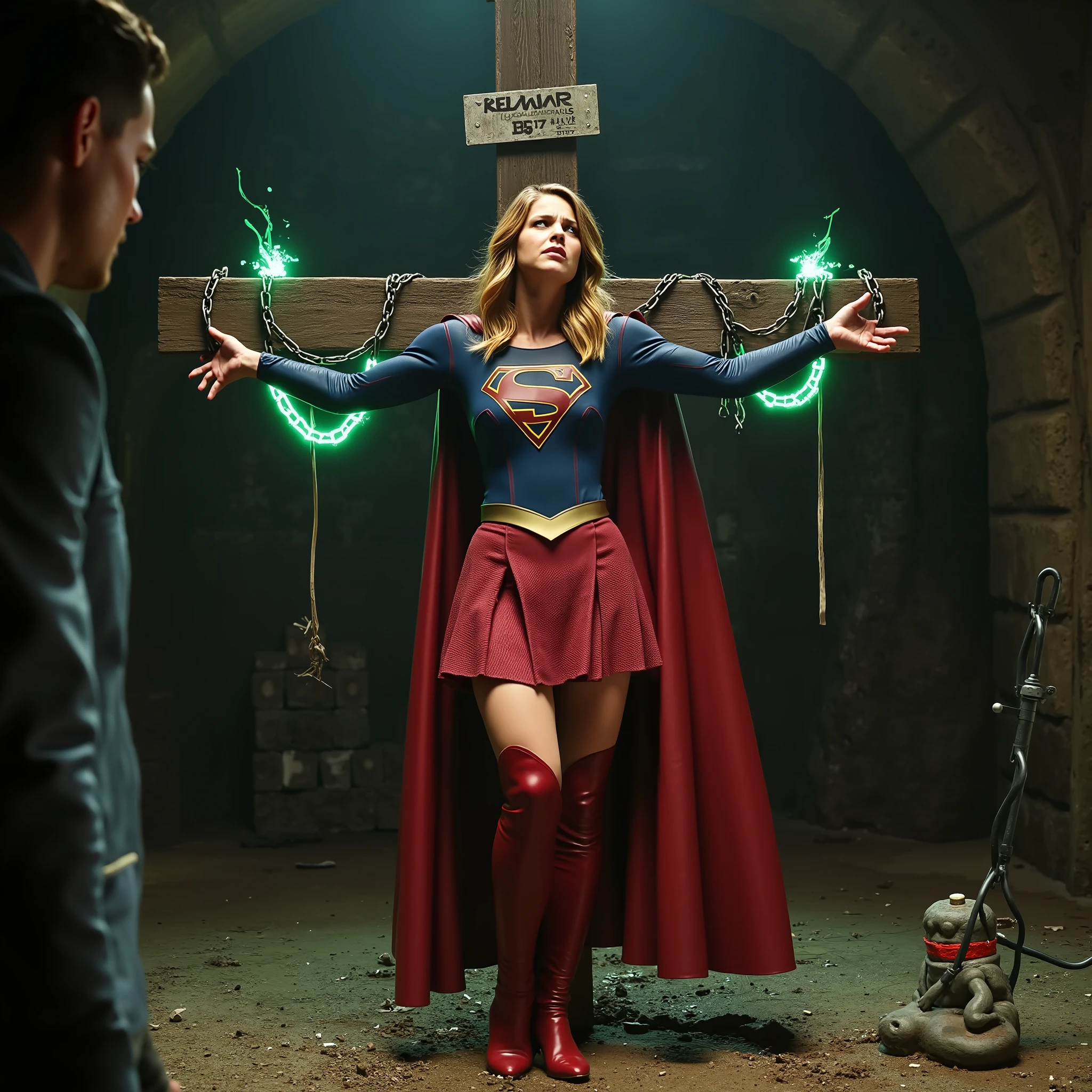 Melissa Benoist as Supergirl, the Supergirl is lying crucified attach the cross, her wrists are bounded to the cross by chain, green lighting chain bound her arms and her neck, she is unconscious, eyes close, She is wearing a Supergirl costume with blue long sleeves and red skirt, pantyhose and red knee height boots, extreme crying in pain, painful face, Lex Luther the villain is kneeling beside and shock her legs with electric wave, in the cave,