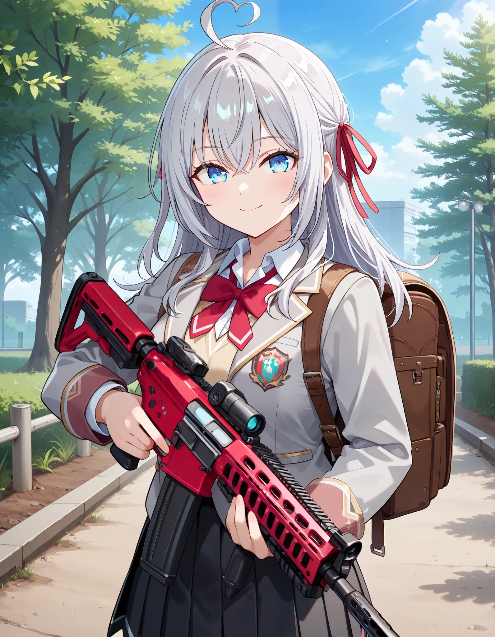 masterpiece, best quality, highly detailed, ultra high res, 1girl, alisa mikhailovna kujou, long hair, bangs, blue eyes, opened eyes, hair ribbon, ahoge, grey hair, red ribbon, medium breasts, skirt, shirt, long sleeves, bow, school uniform, jacket, white shirt, pleated skirt, collared shirt, bowtie, black skirt, red bow, red bowtie, blazer, grey blazer, long sleeves, smile, wearing military vest, bulletproof vest,tactical vest, holding weapon, assault riffle, holding riffle, (assault riffle:1.2), wearing backpack, brown backpack, rugsack, standing, outdoor 