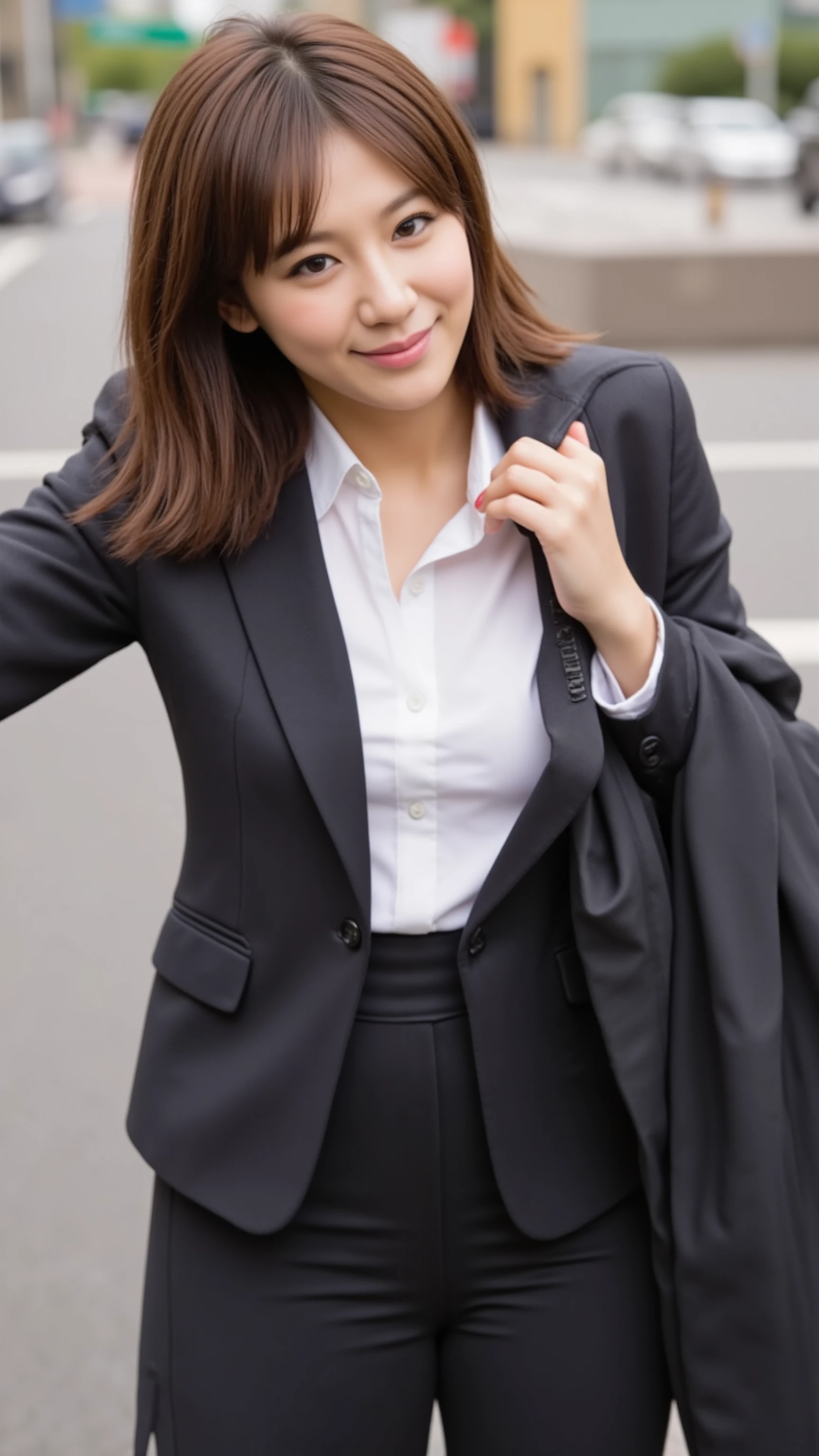 (A 20-year-old woman is standing on the street in Tokyo :1.5)、( office suit 、 big smile ) , Realistic background、(( Ultra-dense skin ))、(whole body:1.5)、(  business suit:1.44)、 very well detailed 顔，(  look away:1.5)、(  long hair:1.2、 、 perfect eye details 、 very well detailed 、 Pay attention to details  、Perfect outfit、(   tanned skin )、 correct handshake、Accurate legs、 Precise hands and fingers 、  anatomically accurate body 、 thin legs、  thin thighs 、  BIG BREAST 、 very well detailed な顔、   View from Below  