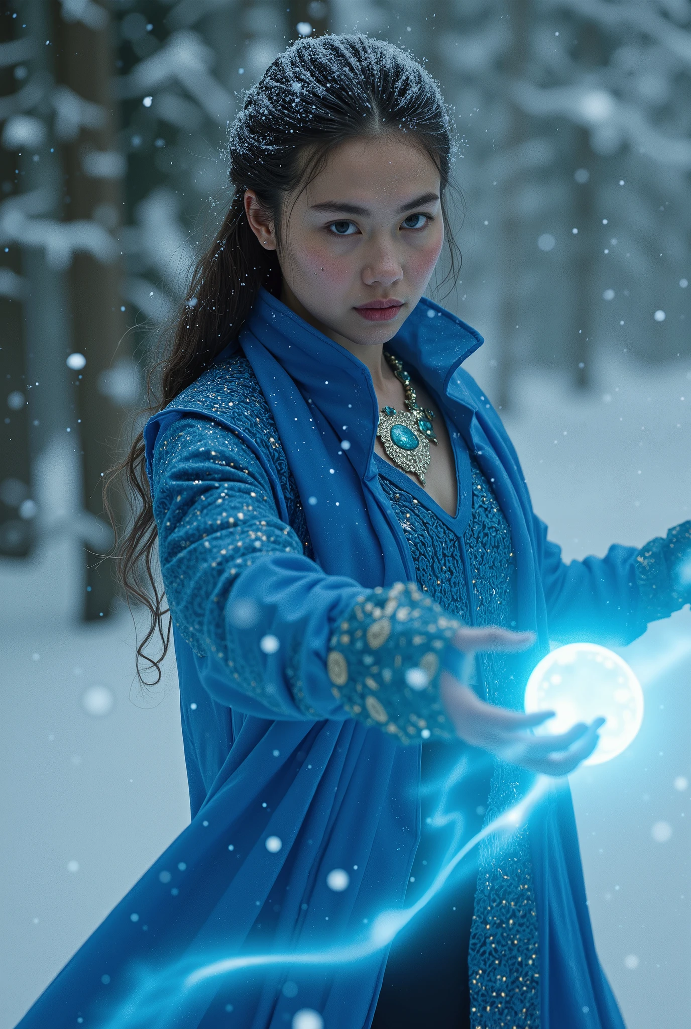 Girl, mage, blue clothes, stylish, detailed clothes, magic necklace, mistic shine eyes, fighting in a snow ambient, professional image, cinematic, realistic, realism, kodak film style