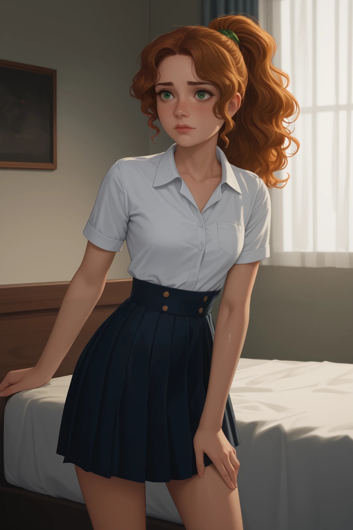 Beautifal woman, 18 years old, ,orange wavy hair, ponytail, green eyes,freckles, white skin, taking off her clothes, leaning over, ,standing, background is a messy bedroom , wearing schoolgirl uniform , shiny skin, frightened expression, nervous, worried, wet body, thin waist, skinny body, small breasts, , long legs, moody image, colored lighting, white skin, pale, dark shadows, backlighting, rim light, dramatic scene,