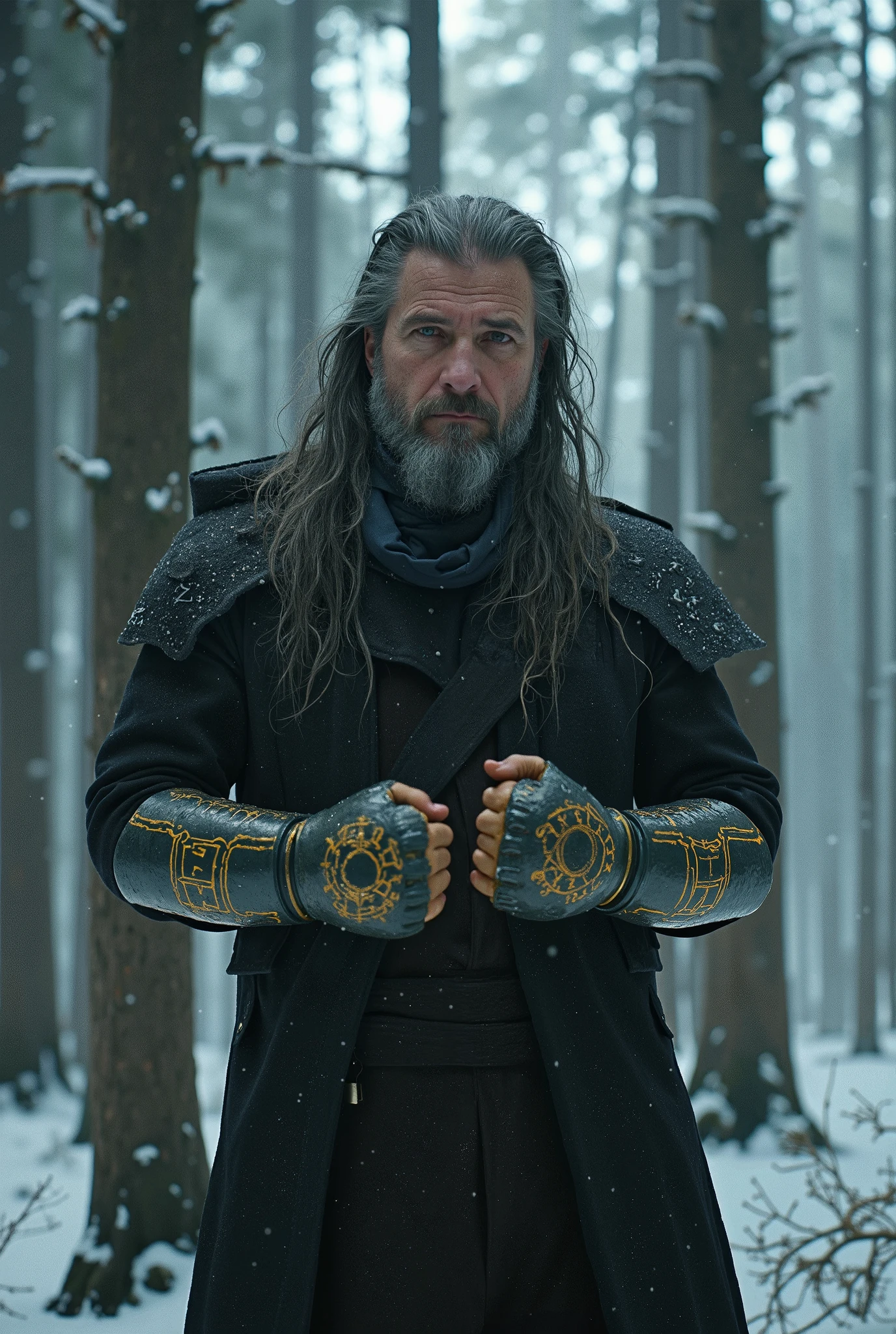 A man, 40y, gray-haired, with mistic and runic gautlets, in a cold forest, professional image, cinematic, realistic, realism, kodak film style