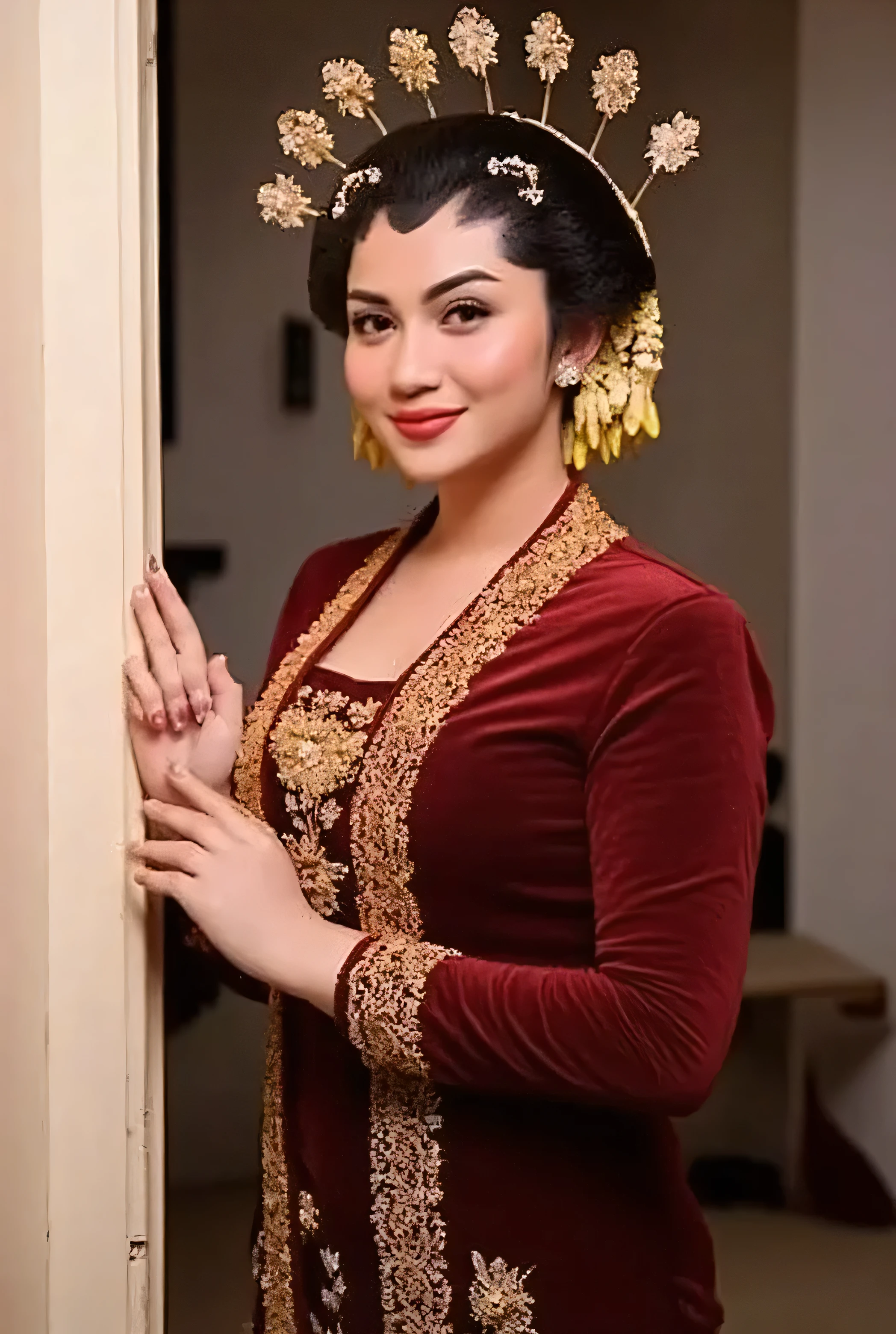 over the shoulder view , a beautiful milf ariel She wears a deep red Javanese Traditional, giving a luxurious and elegant look. Her expression is warm and confident, with soft, glowing skin and subtle makeup enhancing her natural beauty ( looking at the viewers) l a striking presence marked by her sharp intellect and quick wit. her features are defined by expressive eyes that sparkle with curiosity and a love and laugh with mouth open, showing teeth that lights up the room. Her hair, typically worn in a practical yet stylish manner, frames her face with a touch of effortless elegance. (( running body facing back while _leading_viewer_by_the_hand .)) towards  open door bedroom