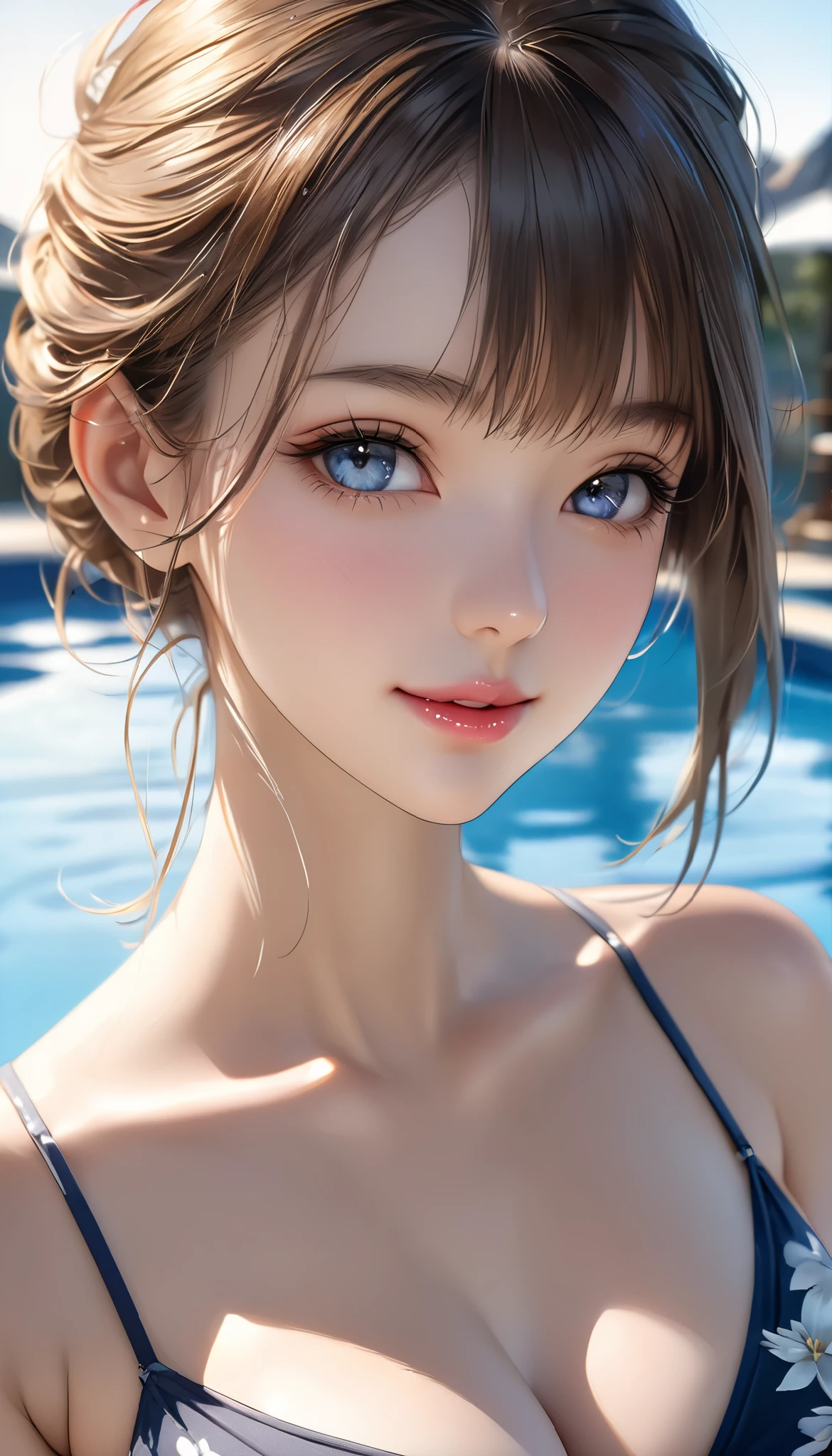 Over Head Shot,Floating on water,Stretching,1girl in,(Ultra detailed skin),Curve,Petite,Beautiful breasts,Large breasts,pale skin,pointed breast,Erect nipples,(Fantasy Art,Highest image quality,Hyperrealist portrait,(8K),Ultra-realistic,Best Quality, High quality, High Definition, High quality texture,high detailing,Beautiful detailed,fine detailed,extremely details CG,Detailed texture,realistic representation of face,masutepiece,presence,Dynamic,Bold),Bob Hair,(super thin hair),(ultra soft hair),(ultra straight hair:1.5),Swept long bangs,Extra bright coppery amber hair,Hair over one eye