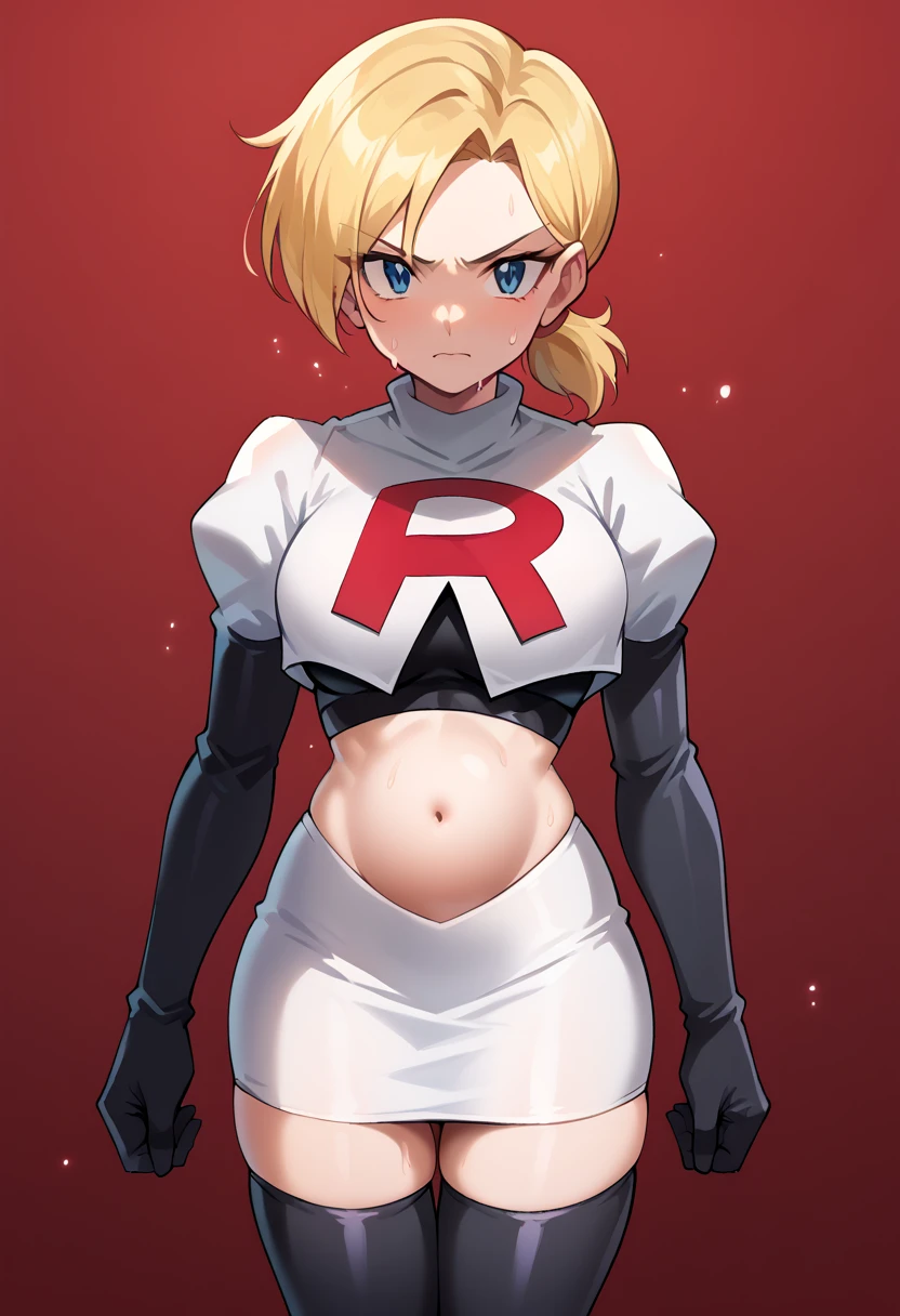 Zelda, green eyes, short hair ,team rocket,team rocket uniform, red letter R, white skirt,white crop top,black thigh-high boots ,black elbow gloves, sinister villianess look,