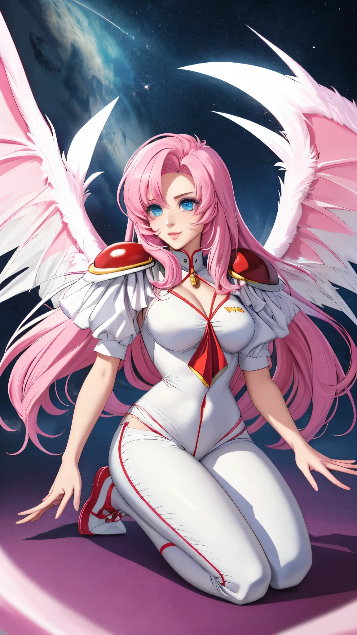 Score_9, Score_8_up, Score_7_up, BREAK, 1girl, solo, utena, white dress, formal and elegant pants(blue color), epaulets, aiguillette, devil wings(rouge the bat), white demon wings(gradient color from white to pink), big wings in the background, wings white-pink(rogue the bat), white wings(pink tone), shoulder pads, aiguillette, blue socks, white rose.