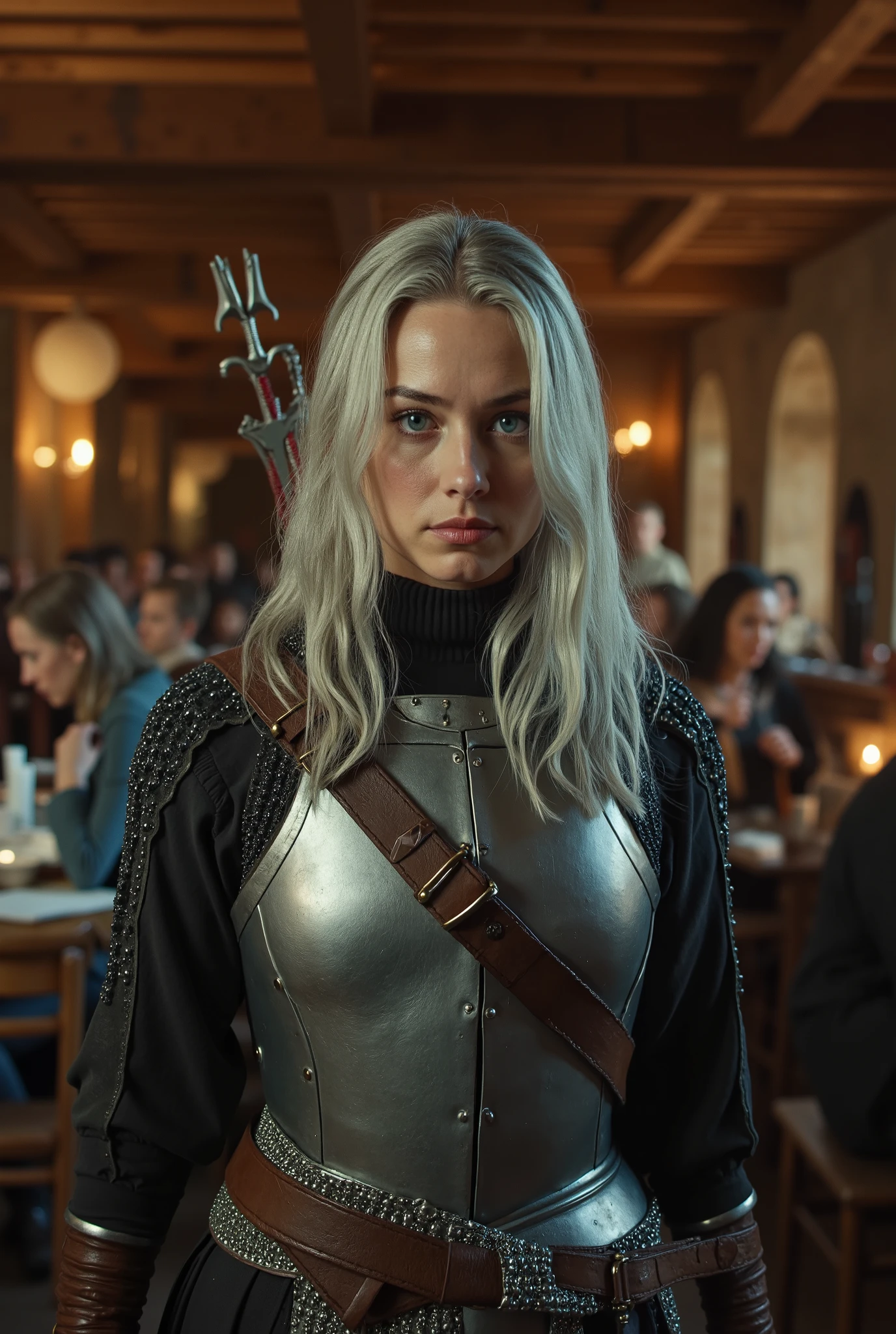 woman, silver hair and blue eyes, archery, with light armor, adventurer, in a medieval tavern, imponent, serious, 16k, uhd, professional image, cinematic, realistic, realism, kodak film style