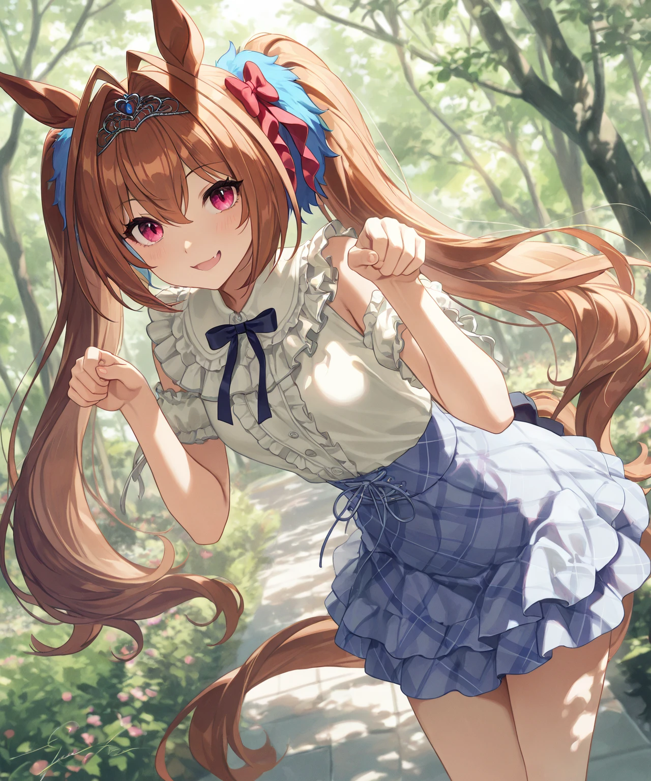 topquality, Horse Girl, grass wonder \(umamusume\), Perfect skin, realisic skin, Detail Skin, 8K, the perfect body, perfect foots, tail, Sky City, clouds, blue sky