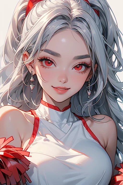A detailed illustration in anime style. A young woman with long flowing platinum hair. An intense and seductive expression with piercing red eyes and a hint of red on her cheeks. She wears an elegant, form-fitting, shimmering sleeveless red and silver wrestling uniform. Both arms feature detailed tattoo patterns. The background is a wrestling arena, with soft gradient lighting effects in light grey and white tones that highlight her hair and outfit. She is slender and muscular, with a small chest, and strikes a confident pose with a downward gaze.