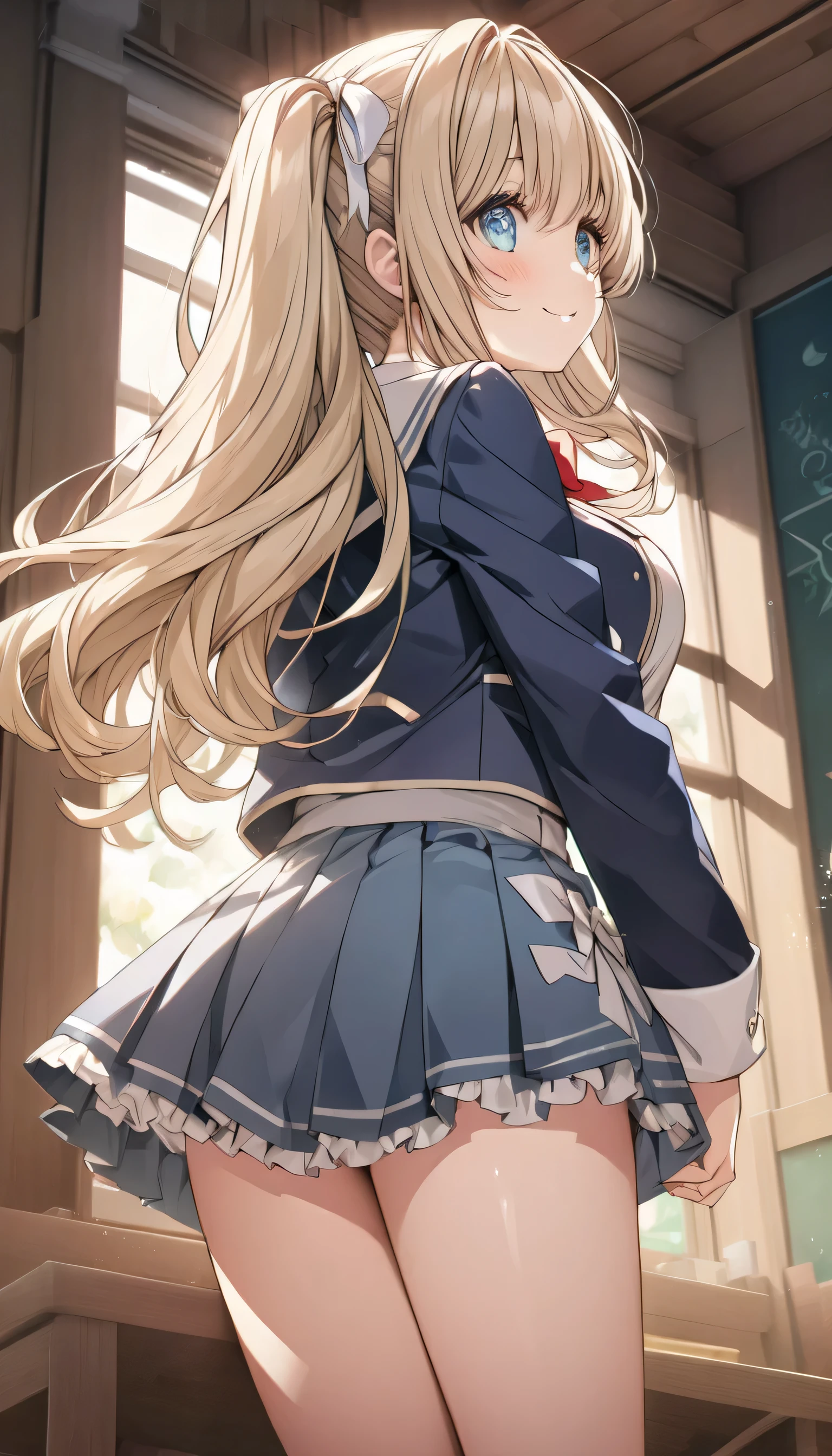 ((ultra-detailed)), (highly detailed CG illustration), (best quality:1.2), ultra-highly detailed, colorful composition, artistic photoshoot, 1girl, solo focus, ((thigh to top:1.4)), ((cowboy shot:1.4)), moe anime character, girl, dainty facial structure, (bab(round face), ((rounded chin:1.2)), ((ideal ratio body proportions)), celia-default, celia claire, (blue eyes), sparkle eyes, blonde hair color, lustrous hair, two side up, (deep royal blue and white strips hair ribbon), ample breasts, school uniform, dark blue blazer, modern style with fitted jacket, red neck bow, long sleeves white frilled shirt, dark blue pleated skirt, black high socks, white lace panties, dynamic pose, low angle, ((from behind:1.4)), ((looking back:1.4)), ((looking up:1.4)), ((standing in school classroom near the window)), expecting, pink cheek, blush, light pink gloss slip, portrait, depth of field, soft lighting, sidelighting, (shine), lighting, caustics, ray tracing, smile, perfect face, lustrous skin, highly detailed face, highly detailed eyes, perfect face, perfect nose, perfect hair, perfect eyes, perfect anatomy, beautiful hair, beautiful small face, extremely detailed face, beautiful detailed eyes, beautiful clavicle, beautiful body, beautiful huge breasts, leavage, breasts squeezed together, equalize the size of the left and right breasts, beautiful thin thighs, beautiful legs, beautiful fingers, 4 fingers, 1 thumb, lovely, (very detailed background:1.0), (highly detailed background:1.0), spring aesthetic, intricate details, joyful atmosphere, spring colors palette, chromatic aberration