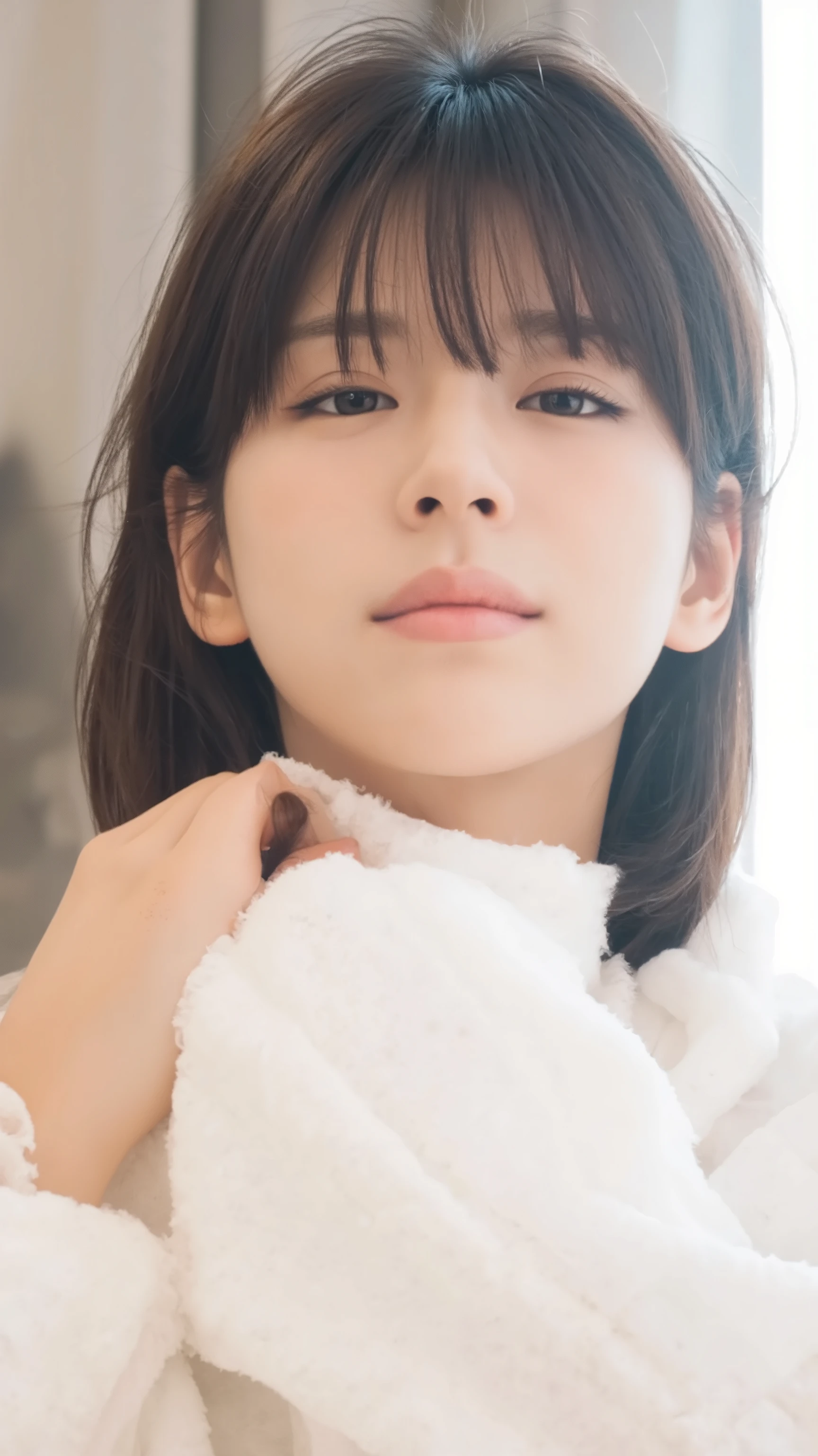 ((Woman lying on her back on a hotel bed :1.5))、( view from above、 I can see my whole body:1.3)、(( loungewear:1.2、white fluffy clothing))、Realistic background、(( super dense skin ))、(Long straight black hair 1.2)、 anatomically correct body