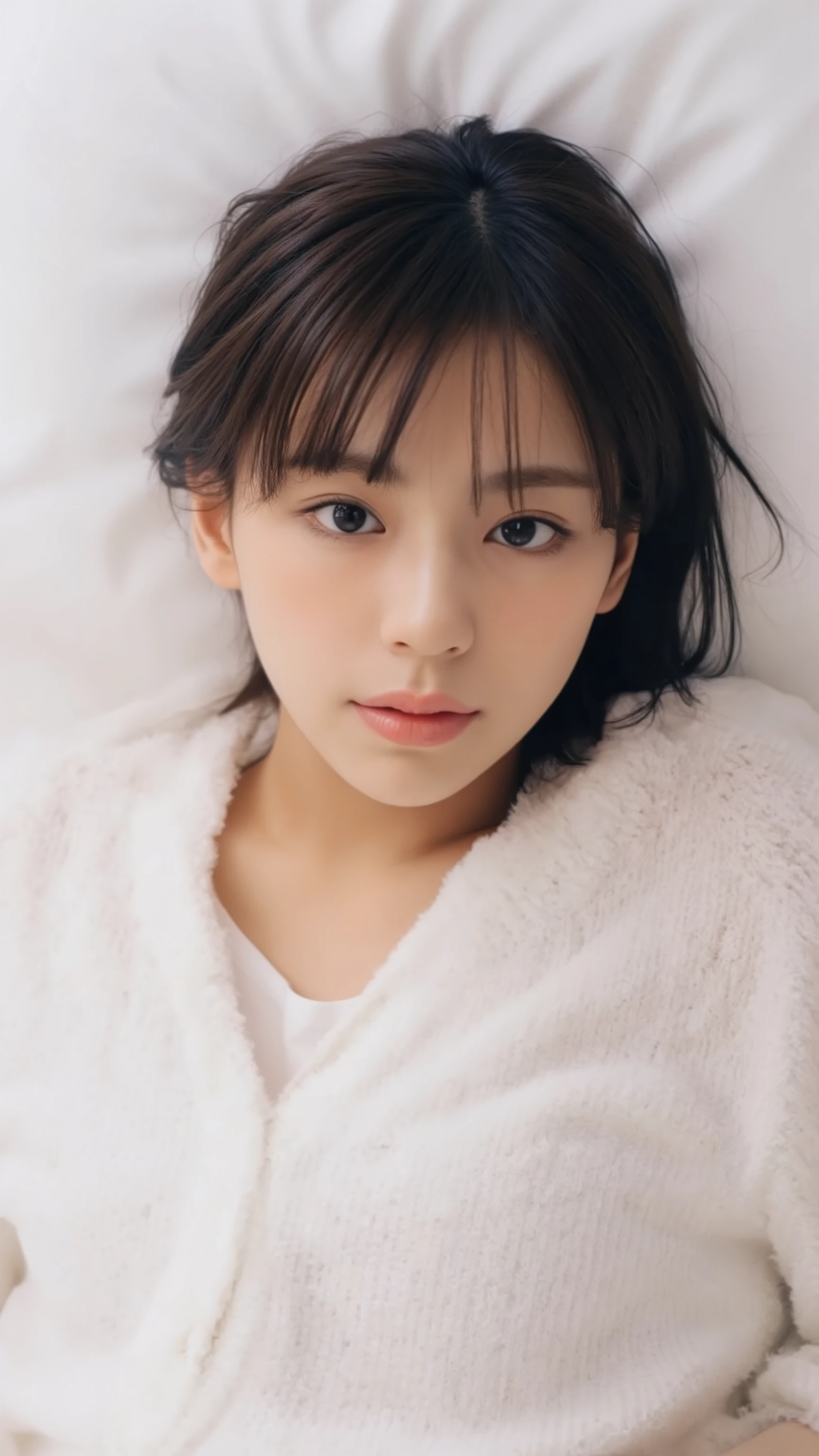 ((Woman lying on her back on a hotel bed :1.5))、( view from above、 I can see my whole body:1.3)、(( loungewear:1.2、white fluffy clothing))、Realistic background、(( super dense skin ))、(Long straight black hair 1.2)、 anatomically correct body