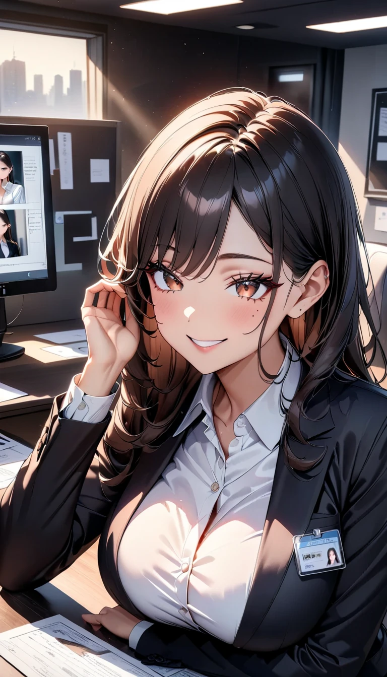 Highest quality, Soft Light, Ultra-high resolution,People Girls, alone, sexy, (A teasing smile), (Brown eyes), Beautiful face in every detail,(High resolution detail of human skin texture), (Black curly medium length hair),（Bangs cut to the same length）, break,Office Suits,Office Skirt,Black Stockings,(Fellatio gestures:1.2), (Open your mouth:1.2),tongue,Sigh,Look into the viewer,Take your panties off yourself