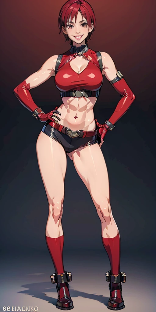 (plain background, 8k, best quality, masterpiece, realistic, photo-realistic:1.37) (full body height standing straight symmetrical contrapposto) (looking at viewer) 2legs apart (wide stance) ultra detailed, 1solo cute girl (beautiful detailed eyes) (smile:1.2) (closed mouth) view from below depth of field, good composition, bob hair, perfect knockers, suspenders, toned body, athletic, wide hips, thin waist, toned arms, exposed abdomen, abs toned, navel, big belly button belt ((red cheeks, red eyes, red tank top, red thong, red gloves gauntlets, red stockings thighs))