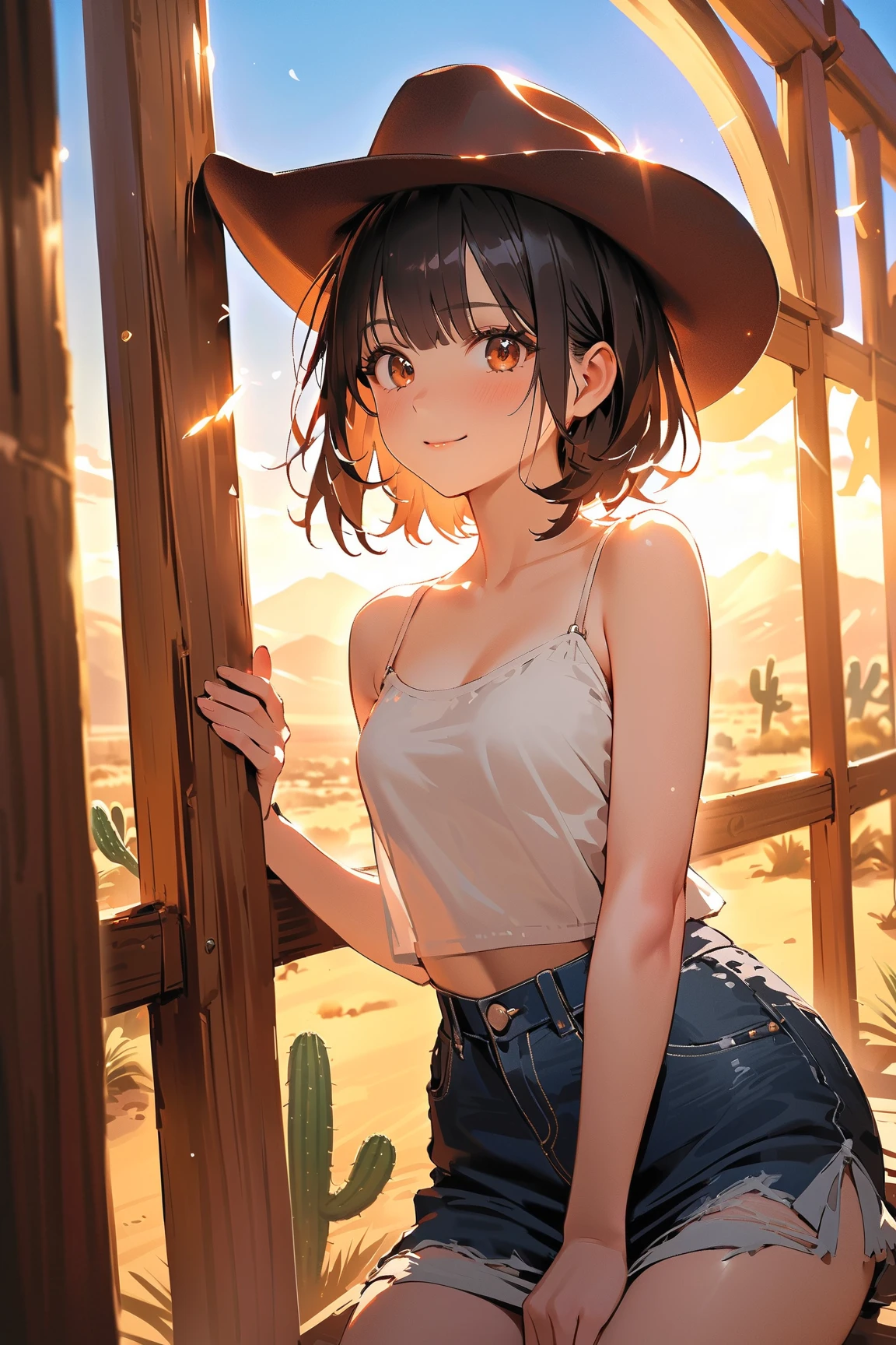 18-year-old,A beautiful woman,Beautiful breasts,Moe,White front bow bikini top,Cowhide jacket,Denim tight skirt,Ten-gallon hat