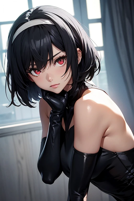A 17-year-old female wearing a black shiny PVC catsuit and a black shiny PVC cape, looking up and wearing a sadistic smile