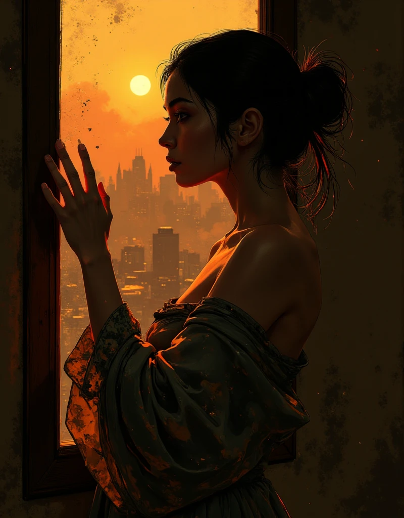 hyperrealistic fisheye lens dark and gritty impactful paint of a inverted triangle hispanic crying female alchemist wearing a lopapeysa and tom ford clothes observing the bustle of a city from a high balcony, short ebony hair, outside in Kosovo at dawn fall, inspired by futuristic anime, dramatic cinematic rembrandt lighting<lora:The_Pulp_Session:0.90>