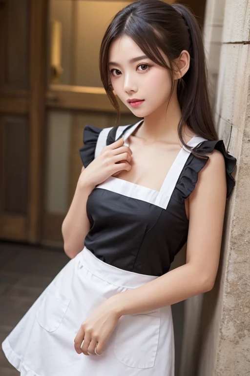 1girl, solo, gravure idol, (black hair:1.2), closed mouth, (smiling:0.8), (sexy pose:1.2), (beautiful detailed eyes, shiny eyes, long eyelashes, double eyelid), (natural hand), (natural eyes and mouth), (finely detailed beautiful eyes:1.2),
gravure, maid headdress, maid apron, white thighhighs, hair ornament, hairclip, white apron, ((black) maid dress, ((white) skirt), garter straps, hair ribbon, short sleeves, alternate costume,
looking at viewer, (cowboy shot:1.4), (front view),
BRAKE, (open cafeteria:1.4),
photo, photo realistic, (photorealistic:1.4), best quality, high quality, 4K, RAW, masterpiece, beautiful face,
