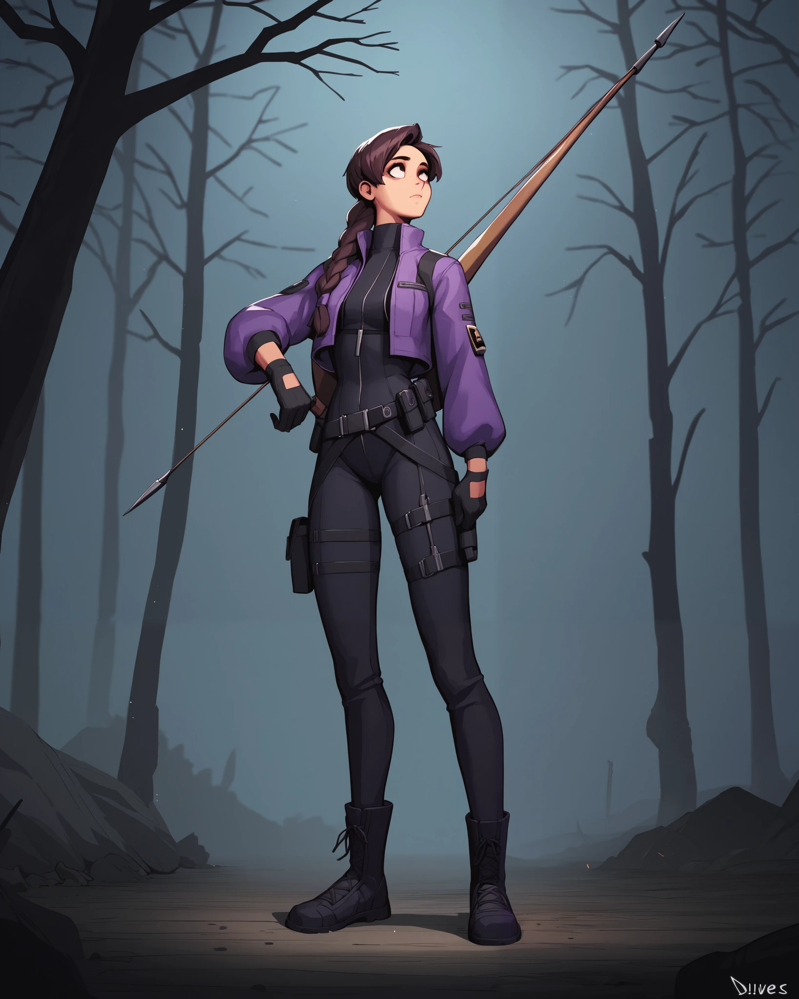 Kate Bishop, also known as Hawkeye (young human woman), has a striking and practical superhero appearance. Based on the image you shared, here are the key details of her costume:
- **Color Scheme:** Primarily purple with black accents.
- **Jacket:** A form-fitting, purple tactical jacket with black panels and a high collar. The jacket appears to be made of a combination of fabric and armor-like materials for protection.
- **Utility Belt:** A black belt with pouches for carrying various tools and equipment.
- **Gloves:** Black gloves that match the overall design and provide extra grip.
- **Pants:** Black with reinforced sections and straps, ensuring durability and mobility.
- **Boots:** Sturdy black boots with straps and buckles, essential for agility and movement.
- **Quiver:** A quiver of arrows on her back, essential for her role as an archer.
- **Bow:** Holding a futuristic recurve bow in her left hand with futuristic details, highlighting her expertise in archery.
- **Hair:** Styled in a practical braid, adding to her tactical look.
Looking up
State park forest at night, full body view, by diives,