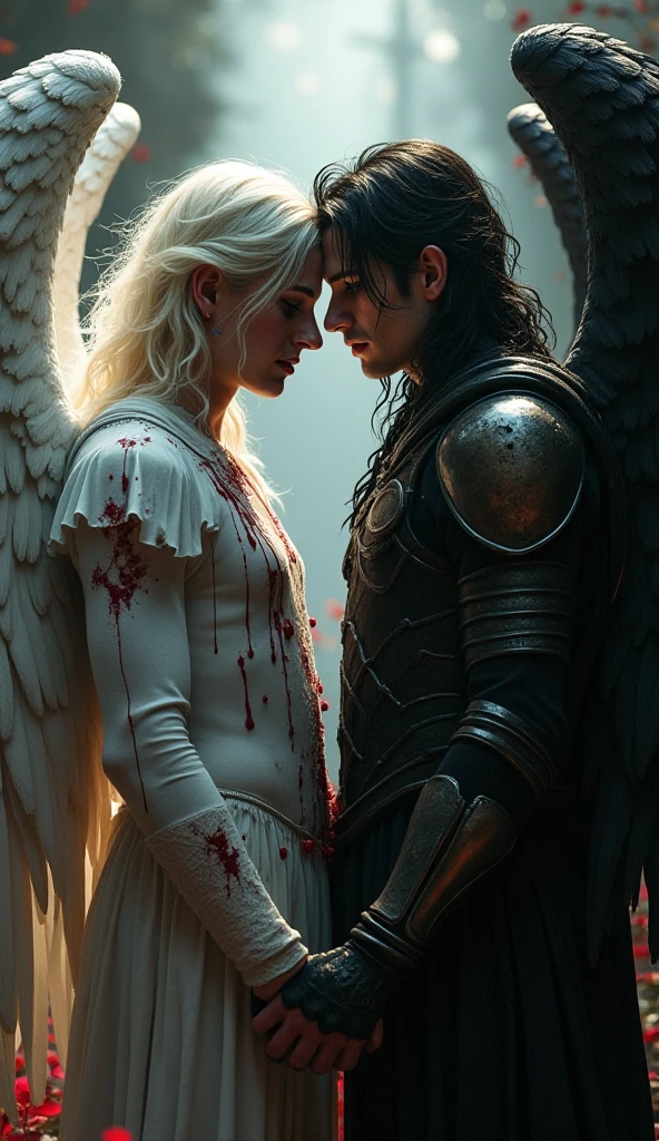 girl with pale skin, silver hair, red eyes, and a thin, tight white dress adorned in gold chains, kissing a teenage prince, with long black hair, horns, wings, and muscular arms, wearing armor adorned with gold. The background is a gory battlefield with humans and dragon warriors fighting, realistic image, no blurry, 8k