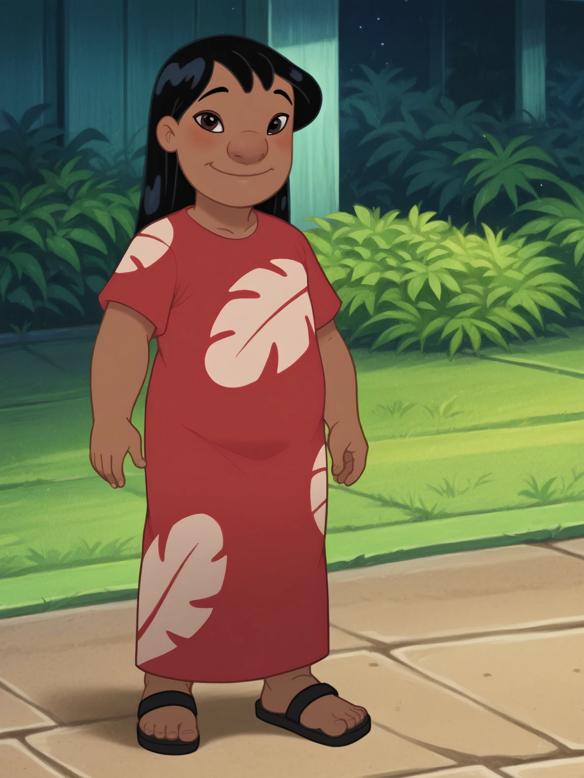 score_9, score_8_up, score_7_up, rating_explicit, source_anime, detailed skins, body blush, cowboy shot, fat chest,  highly detailed, body blush, cowboy shot, looking at viewer, perfect eyes, perfect hands, sidelocks, lilo, long black hair, brown eyes, dark skin, fat chest, lilo red dress, red dress, leaf print short sleeve dress, black sandals, smile, hand wave, BBW body,