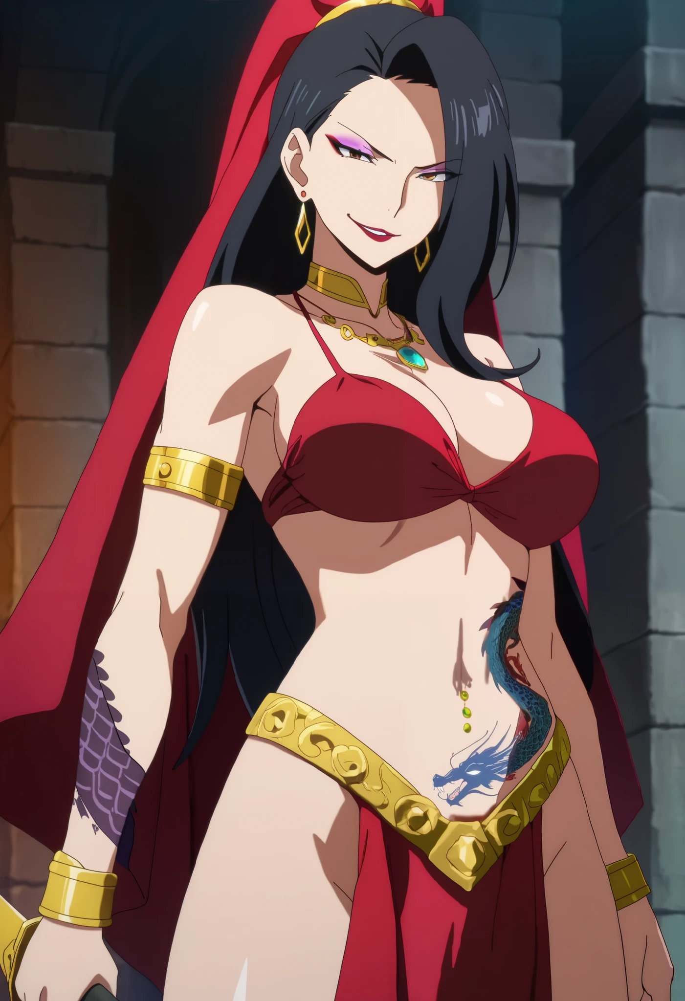 score_6_up, score_5_up, score_4_up, score_9, score_8_up, score_7_up, highly detailed, anime_source, anime_screencap, anime coloring, 1girl, solo, breasts, black hair, long hair, straight hair, brown eyes, jewelry, makeup, lipstick, eyeshadow, kurenai_kogetsu, , ear piercing, long hair, serious, lipstick,Hot girl, baddie, , sensual, attractive ,castle,inside castle, masterpiece, best quality, highly detailed ,gold_choker, complex detailed
background, inside, holding a sword, sword,harem_outfit,navel, necklace,
pelvic_curtain,revealing_clothes, veil,masterpiece,best quality,1girl,mature,evil smile, smile,
female,mature,necklace,pendant, (nsfw) not safe for work, exposed belly, exposed navel, exposed
midriff, exposed lower belly, navel piercing , dragon tattoo, narrowed eyes, tattoo midriff,