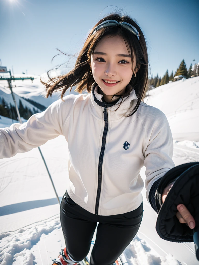 ( beautiful 21-year-old Japanese girl ), ( small chest:1.5),(solo, 1 GIRL, Textured Skin, detailed skin, high detail, best quality , more details, surrealism , RAW photos ,Photographicism, professional writing),(( black hair, dark eyes, natural makeup, Simple Earrings, seductive smile, short bob hair )), “Dressed in a pure white ski outfit, a young girl enjoys skiing down the snowy slopes. Her eyes sparkle with excitement behind her goggles. As fluffy snowflakes dance in the air, she skillfully maneuvers her skis, gliding through the crisp winter breeze. She occasionally adjusts her balance, flashing a bright, carefree smile. Even when she falls, she quickly gets back up, eager to keep going. The background features a vast, snow-covered landscape under a clear blue sky, with ski lifts and other skiers dotting the scene, capturing the exhilarating spirit of winter.”