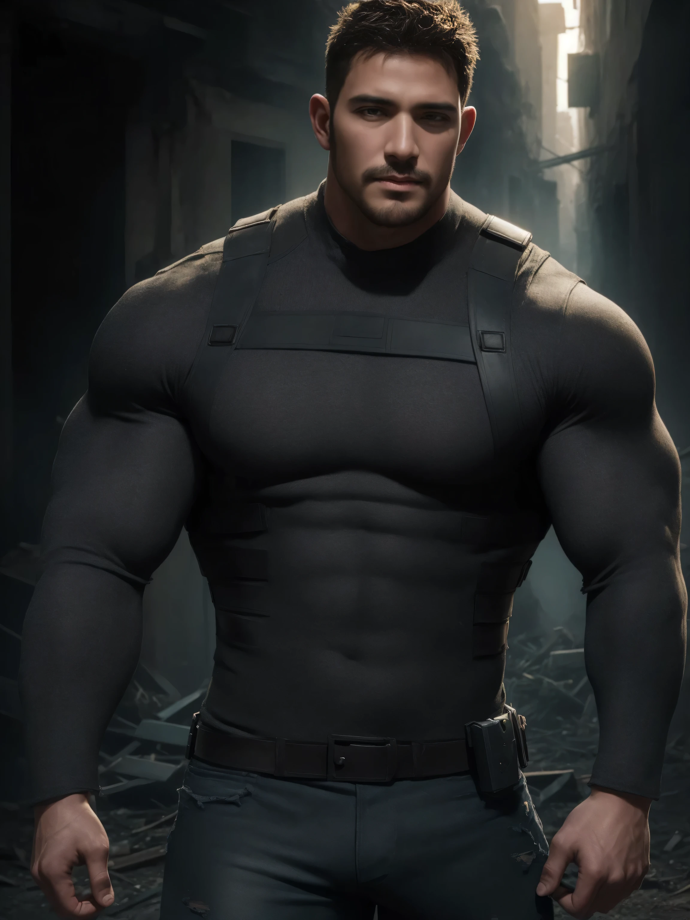 Angry super muscular man,  Buzz Cut，On the old-style outdoor street under the hot sun, Wear long-sleeved dark brown superhero Black Panther bodysuit, Dark brown texture，The expression is arrogant, Thick thighs, Messy hair, Thick thighs, Turtleneck Long Sleeve Dark Brown Superhero Bodysuit, very tight, Regular symmetrical pattern, Highlight muscles, Police uniform pants, character concept（Resident Evil - Chris Redfield, Chris Redfield）A proud expression, Deep and charming eyes, Heroic male pose, tall Burly, muscular！muscular thighs, tough guy, perfect facial features, High, Burly, Heqiang, Super polished and cool, High Resolution Committee, Charismatic, The sun is blazing, dazzling