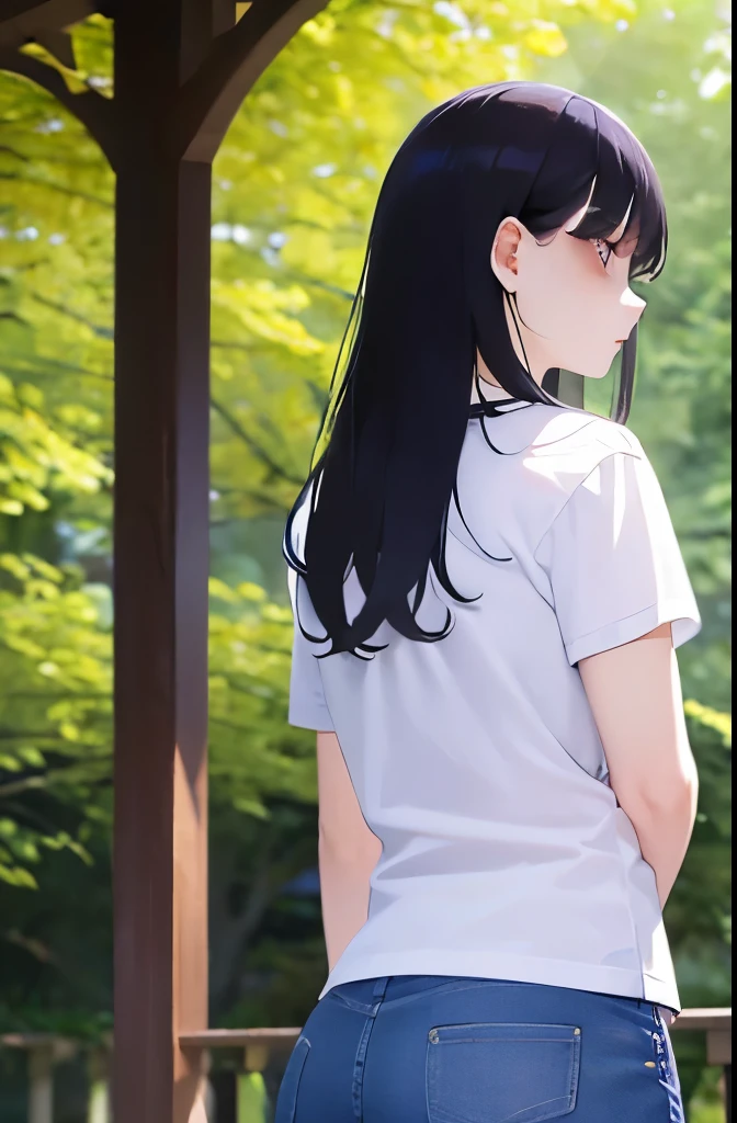 masterpiece, best quality, detailed, Masterpiece, Great detailed pictures, RAW photo, photorealistic, Realistic, real person, side angle, (looking away:1.5), wawlking, (pale skin: 1.2), shiny skin, shiny hair, (25-year-old woman with messy hair with bangs) and (medium hair) and (black hair) and (purple eyes), hair over eyes, BREAK (white T-shirt) and (jeans) BREAK (sad:1.3), open mouth, The background is a sunny park, alone,