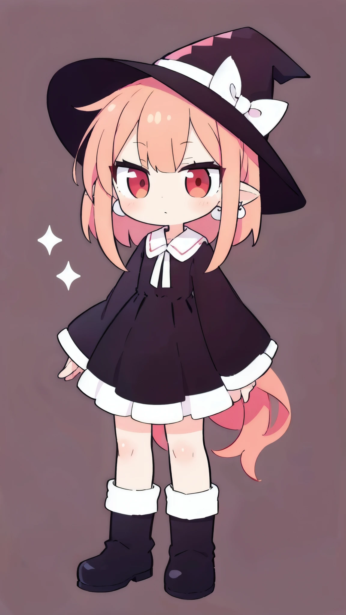 (((Highest Quality))), (Simple background), single, fullbody, standing, thick outlines, 1girl, solo, full body shot, Witch girl, short hair, (hlfcol haired girl with orange and pink hair), pointy ears, red eyes, black dress, white hair ribbon, white hairband, long sleeves, earrings, or small white earrings, or pearl earrings, black boots, castle, detailed background, detailed face, detailed eyes,