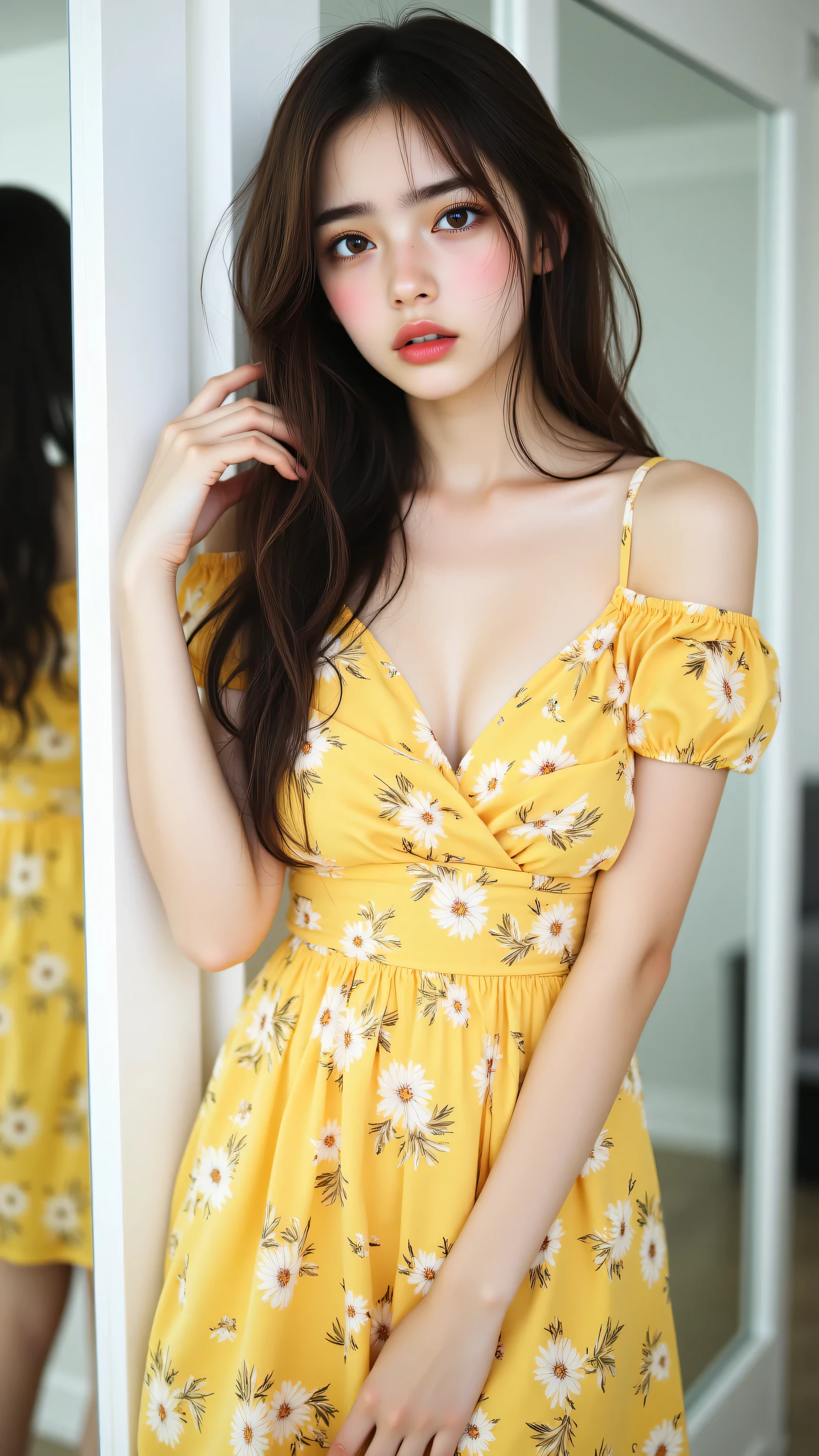 Focus on people。Create and express the best shining composition of the person in a realistic way。((masterpiece))、(((top-quality)))、((ultra-detailliert))、(A hyper-realistic)、(highly detailed CGillustration)、(extremely delicate and beautiful)、Girl a masterpiece、top-quality、Realistic skin feeling、Realistic fabric、We will introduce a realist illustration focusing on the center front of girls with realistic and ultra-detailed eyes.。This is the absolute rule, and the following sentence expresses the image quality。 The greatest painter in human history meets an unparalleled beauty、It is the greatest masterpiece in the history of the Inuiku Ichigo, which depicts the most beautiful figure of a lifetime.。 Create stunning anime artwork that is currently trending on seaStation、Introducing exquisite beauty and seductive aesthetics。Yellow pesant dress with detailed floral embroidery、NOWAI