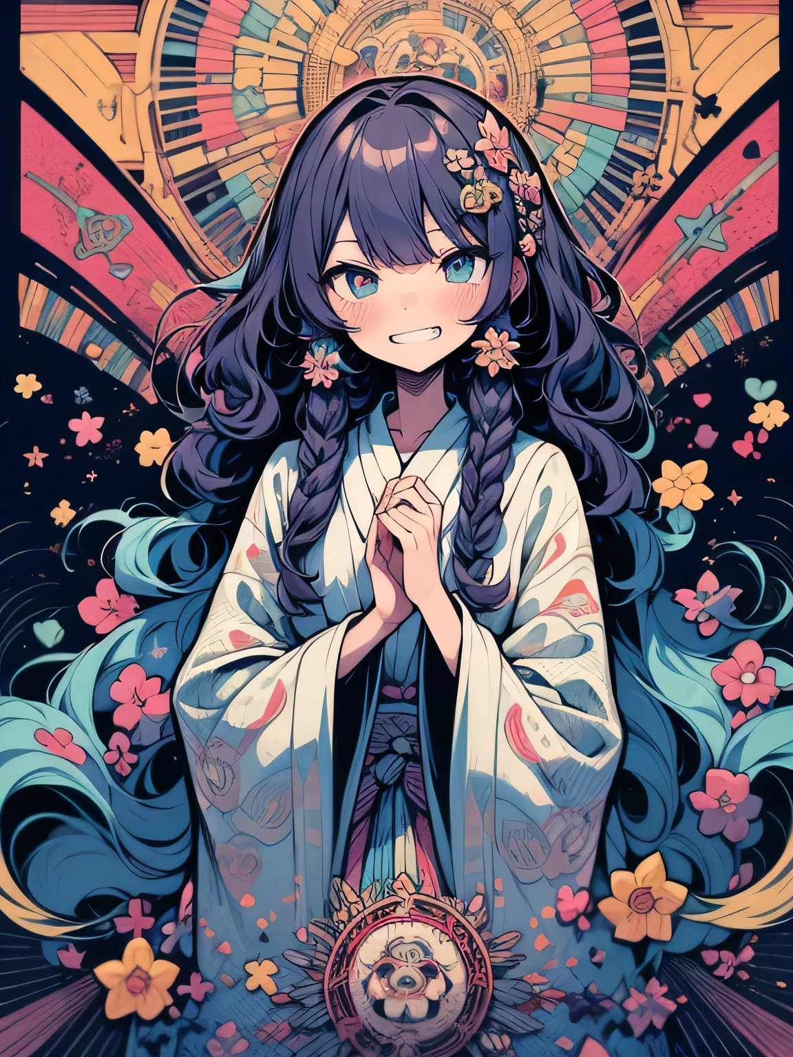 Black Hair、Black Feather、Gothic punk dress、Legs sticking out, Crossing your legs、anime zombie witch design, Crossbones, Streetwear Design, Provector, Horror Style, Full Design, Only 6 colors, Solid Colors, No Shadow, Full Design, Stickers, Bright colors, White Background.Ultra-fine illustrations,(((Beautiful fine hair))),(((Beautiful Faces))),(((Beautiful background))),(((Beautiful fine hair))),(((Beautiful Faces))),(((Beautiful background)))、Black Hair、Blunt bangs,Undershot,yukata,Tanabata