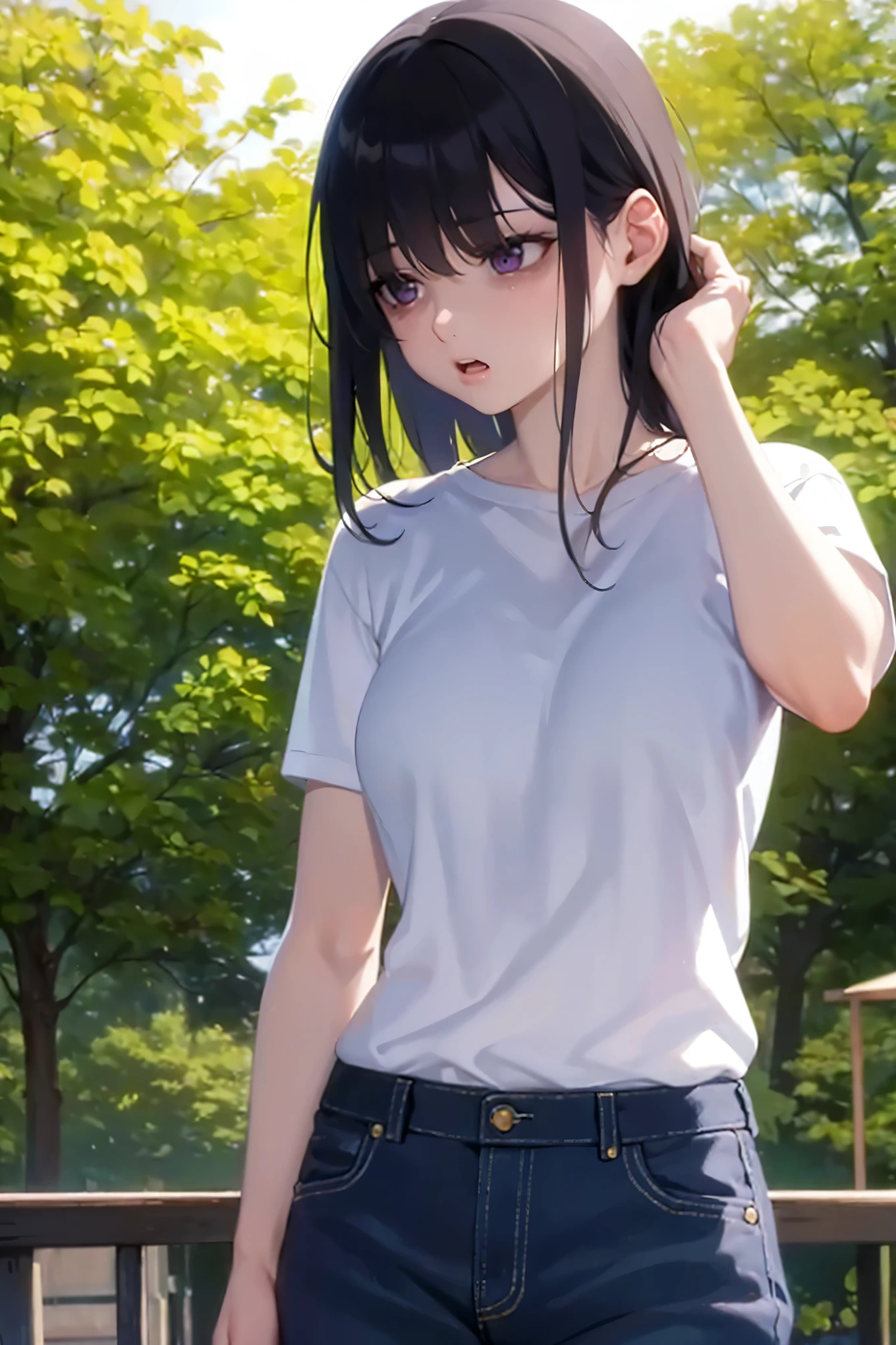 masterpiece, best quality, detailed, Masterpiece, Great detailed pictures, RAW photo, photorealistic, Realistic, real person, side angle, (looking away:1.5), wawlking, (pale skin: 1.2), cowboy shot, shiny skin, shiny hair, (25-year-old woman with messy hair with bangs) and (medium hair) and (black hair) and (purple eyes), hair over eyes, BREAK (white T-shirt) and (jeans) BREAK (sad:1.3), open mouth, The background is a sunny park, alone,