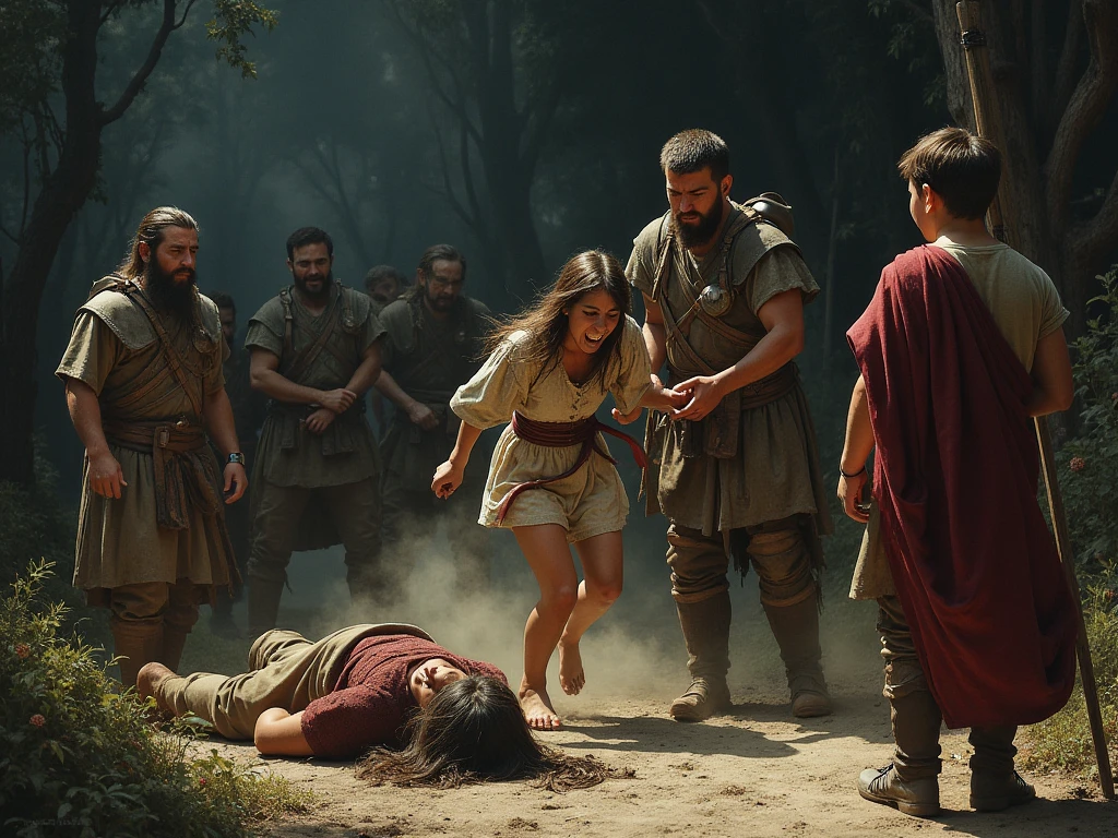 Realism, super quality, action photography style, a defeated woman kneels, her son (s) holds the tip of a sword to a woman&#39;s throat, knife stab in the throat, Her head is thrown back strongly.., the woman has a large manly Adam&#39;s apple, (woman - 30 year old warrior, throat slit, gothic makeup, pale skin, long hair) (son is ) ancient greece battle