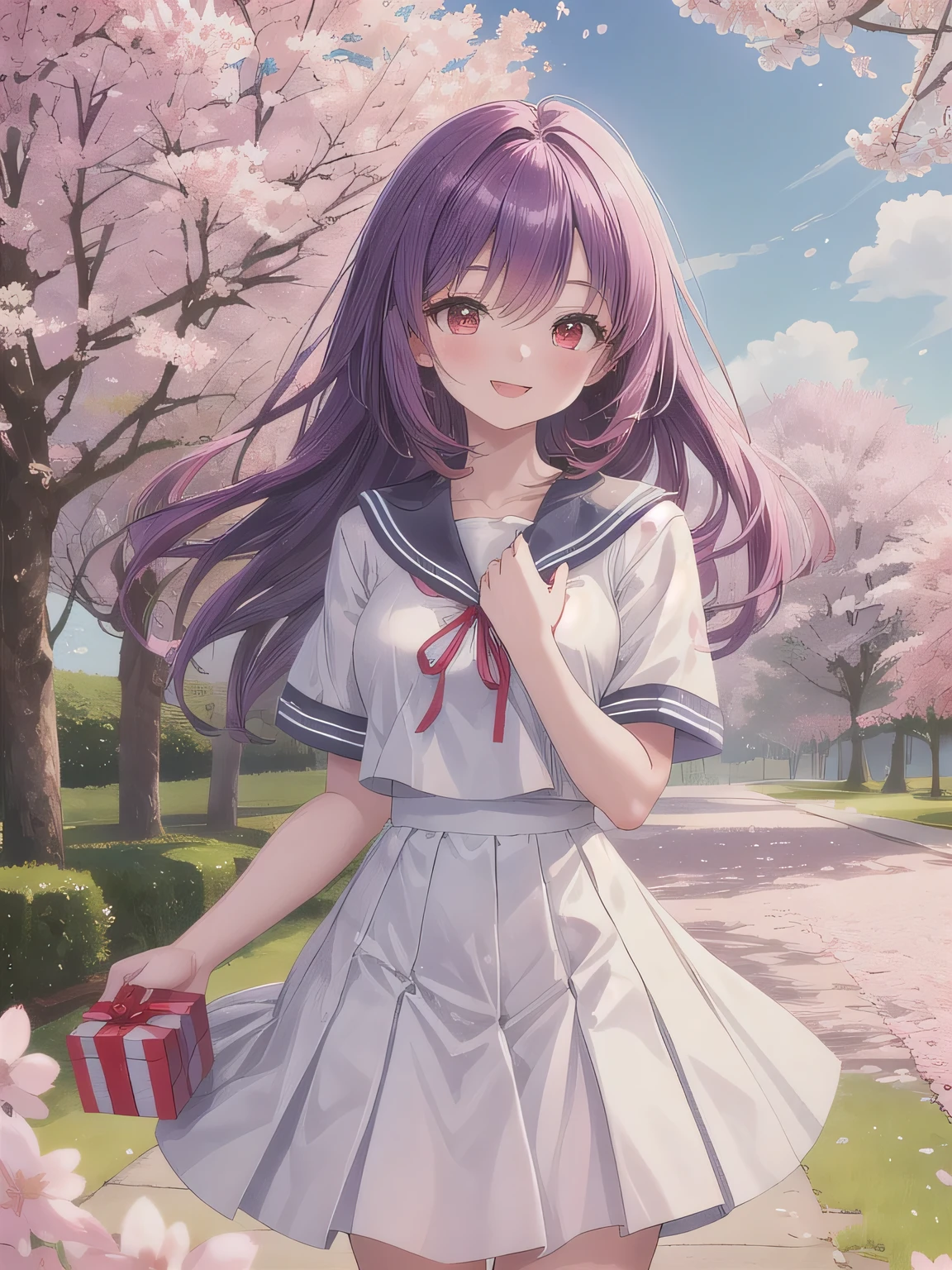 A stunningly beautiful 20-year-old woman stands in a lush green park full of cherry blossoms in full bloom under a clear blue sky. She is wearing a classic sailor uniform and holds a neatly wrapped gift box with a red ribbon in both hands in front of her chest. The box is small, wrapped in decorative paper, and tied with a bow. She looks very happy, with a radiant and joyful expression.A stunningly beautiful 20-year-old woman stands in a lush green park full of cherry blossoms in full bloom under a clear blue sky. She is wearing a classic sailor uniform and holds a neatly wrapped gift box with a red ribbon in both hands in front of her chest. The box is small, wrapped in decorative paper, and tied with a bow. She looks very happy, with a radiant and joyful expression. Red eyes, long hair, purple hair.
