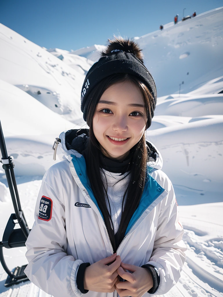 ( beautiful 21-year-old Japanese girl ), ( small chest:1.5), “Dressed in a pure white ski outfit, a young girl enjoys skiing down the snowy slopes. Her eyes sparkle with excitement behind her goggles. As fluffy snowflakes dance in the air, she skillfully maneuvers her skis, gliding through the crisp winter breeze. She occasionally adjusts her balance, flashing a bright, carefree smile. Even when she falls, she quickly gets back up, eager to keep going. The background features a vast, snow-covered landscape under a clear blue sky, with ski lifts and other skiers dotting the scene, capturing the exhilarating spirit of winter.”