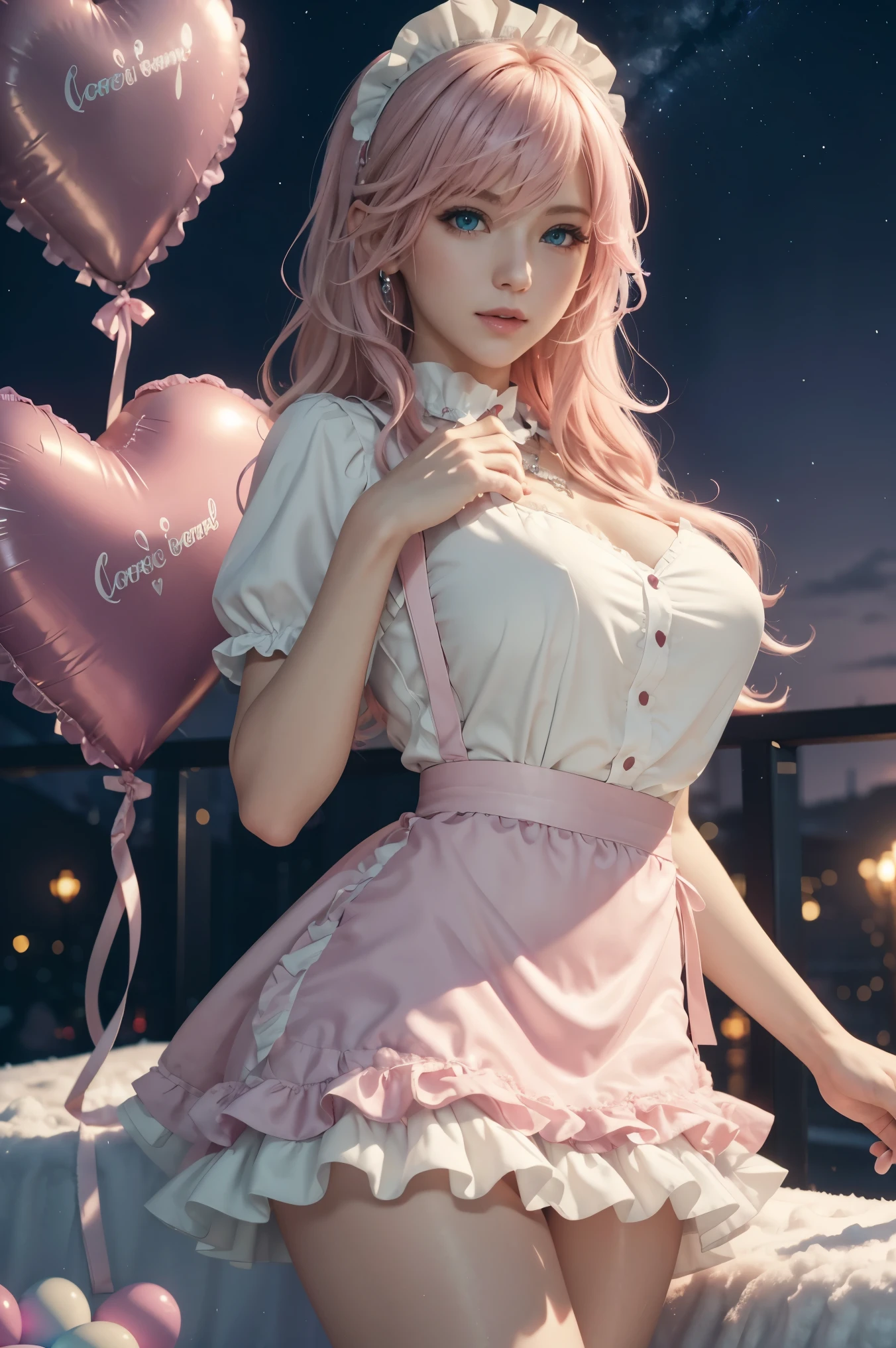 lightning , Final Fantasy,Pink Blonde, MEDIUM HAIR , light perm hair ,Curly hair on one side , lower the bangs, beautiful blue eyes, beautiful and high nose , in ultra high quality, super quality next to each other, Masterpiece, digital SLR , photorealistic, Detailed Details,Vivid details, Detailed , detailed face, Detailed Details,Super detail , realistic skin texture, colorful candy room , perfect anatomy, anatomically correct hand , anatomically correct fingers , ultra-high resolution energy A , sexy pose with skirt on top,candy white ruffle shirt , pink apron , maid clothes, fantasy candy country , valentine's day, Valentine's Day , luxurious candy house , final fantasy ,豪華な valentine's day, heart-marked balloons , colorful chocolate , Colorful Macaroons, valentine's gift box, Mysterious Snowy Scenery , fantastic night view ,Fantastic night sky,It's snowing,Picturesque, Photographing Her Full Body ,9 heads, pink lip close-up from below, beautiful curly hair , Luxury Necklaces, highlight a beautiful whole body , high leg thong , smiles,Beautiful neon ,Rain of Hearts,