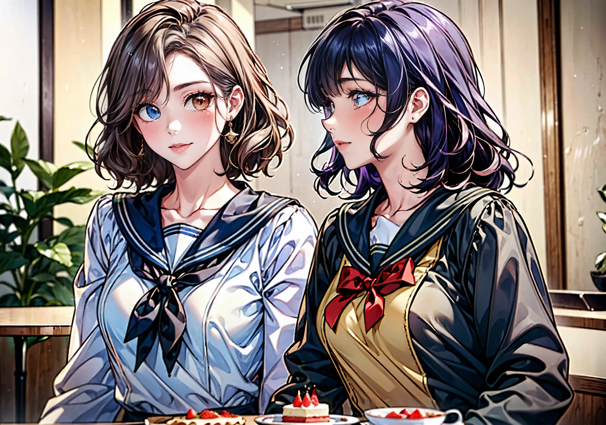 (( top quality))、 Masterpiece、 best image quality、(( two Odd Eye high school girls))、((( rainbow heterochromia、 red eyes、 blue eyes)))、(( sparkling precise eyes ))、( long platinum and purple hair )、(( clear, glossy skin ))、Extremely fine skin 、(( Very Small Breasts ))、mole on breast 、 slender body、(( sailor suit))、 pleated skirt、 gold necklace with fan、Feather hair ornament、(( side by side at a nice cafe ))、Eating cake、smile、 Soft Focus 、 anatomically correct depiction 、 super real、 cute、 beautiful、Shortcake、 top quality