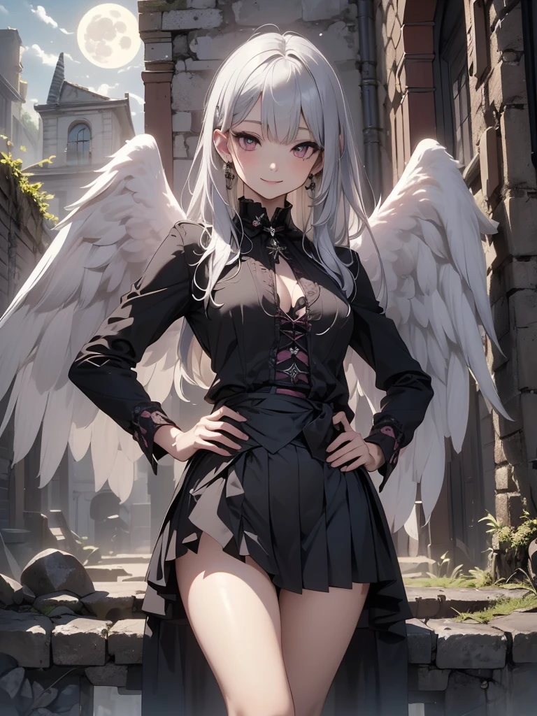 giant girl 50,000 feet high,Weight 1000kg,Has a pair of huge white angel wings,With huge devil horns on his head,wear a crown on your head,Elf wearing white earrings,She has white hair that reaches her feet,loose hair,Long white wavy hair,Wearing a pair of white boots on her feet,White lace gloves,White lace pantyhose,Bow and star embellished tights,白色蕾丝whole body,Standing tall above the small town,Beautiful appearance,Exquisite makeup,quality,8k,高quality,Perfect proportion, Cinema lighting,film grain,Fuji colors,8k,textured skin,Super details,high detail,high resolution,fake smile,blood stains,脚底有blood stains,whole body,fat,feather,flowers,Sitting elegantly on a tall building,touch face with hands